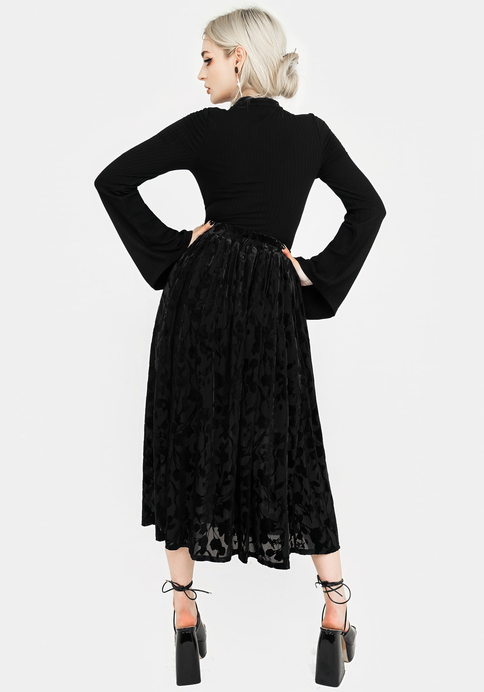 Black Floral Devoré Mesh Midi Skirt with Elastic Waistband | Ava Devoré