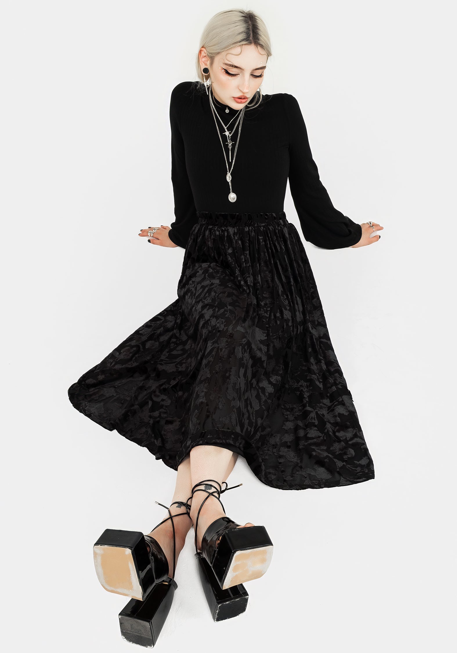 Black Floral Devoré Mesh Midi Skirt with Elastic Waistband | Ava Devoré