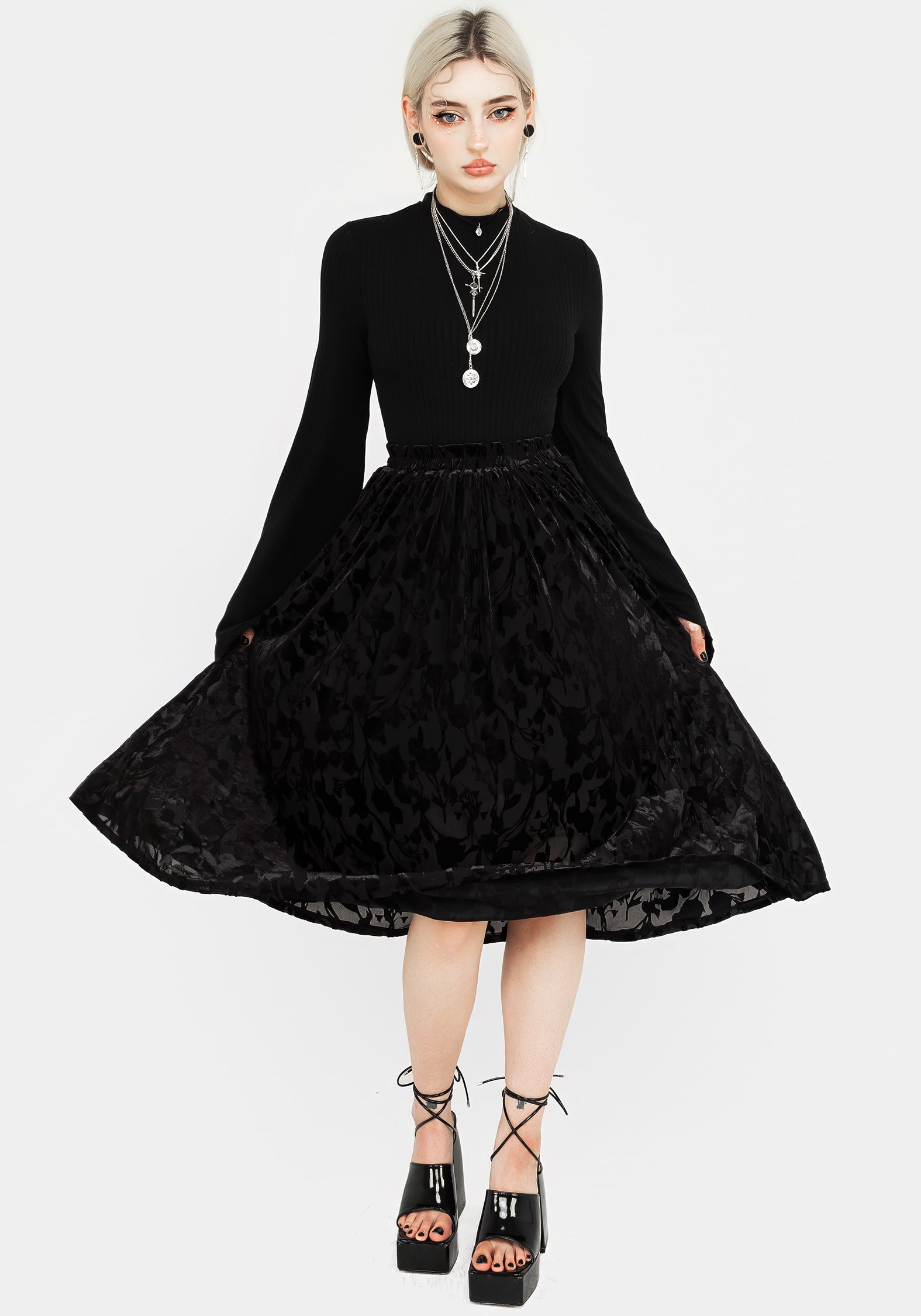 Black Floral Devoré Mesh Midi Skirt with Elastic Waistband | Ava Devoré