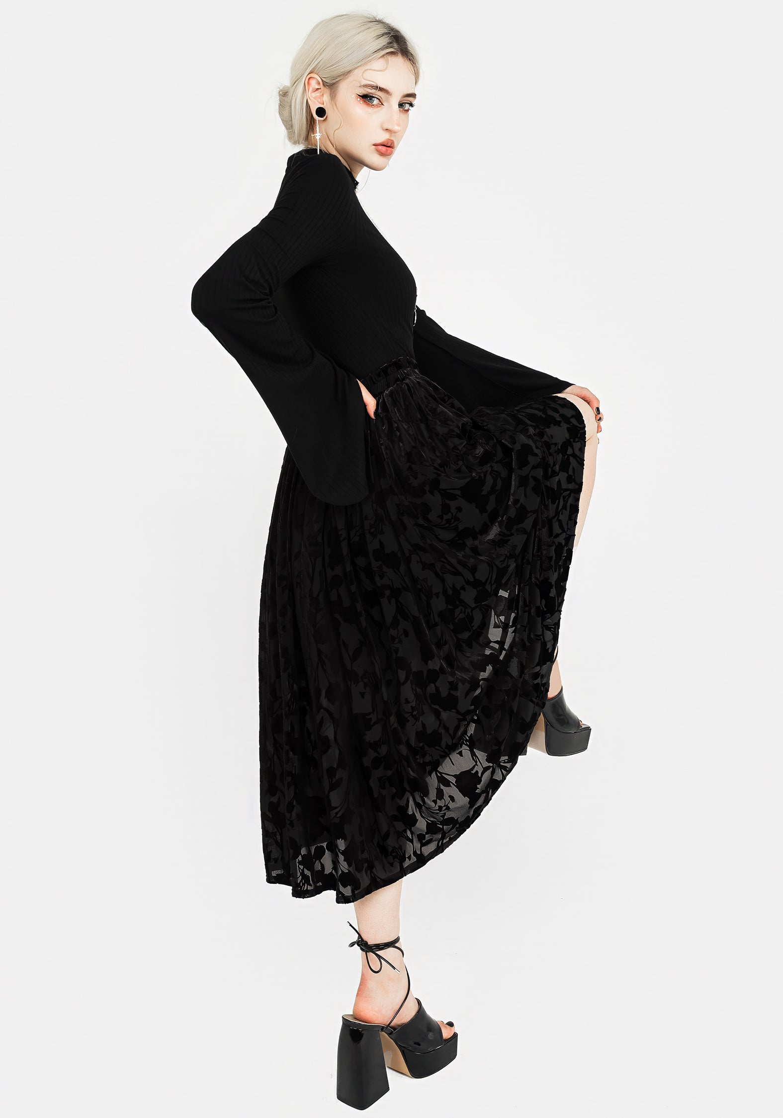Black Floral Devoré Mesh Midi Skirt with Elastic Waistband | Ava Devoré