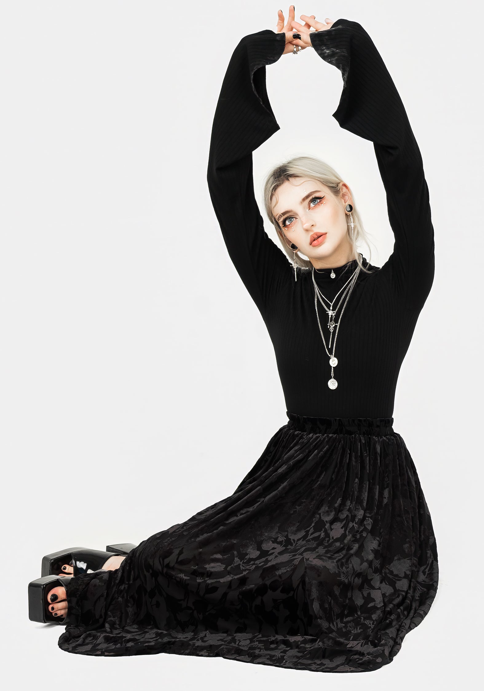 Black Floral Devoré Mesh Midi Skirt with Elastic Waistband | Ava Devoré