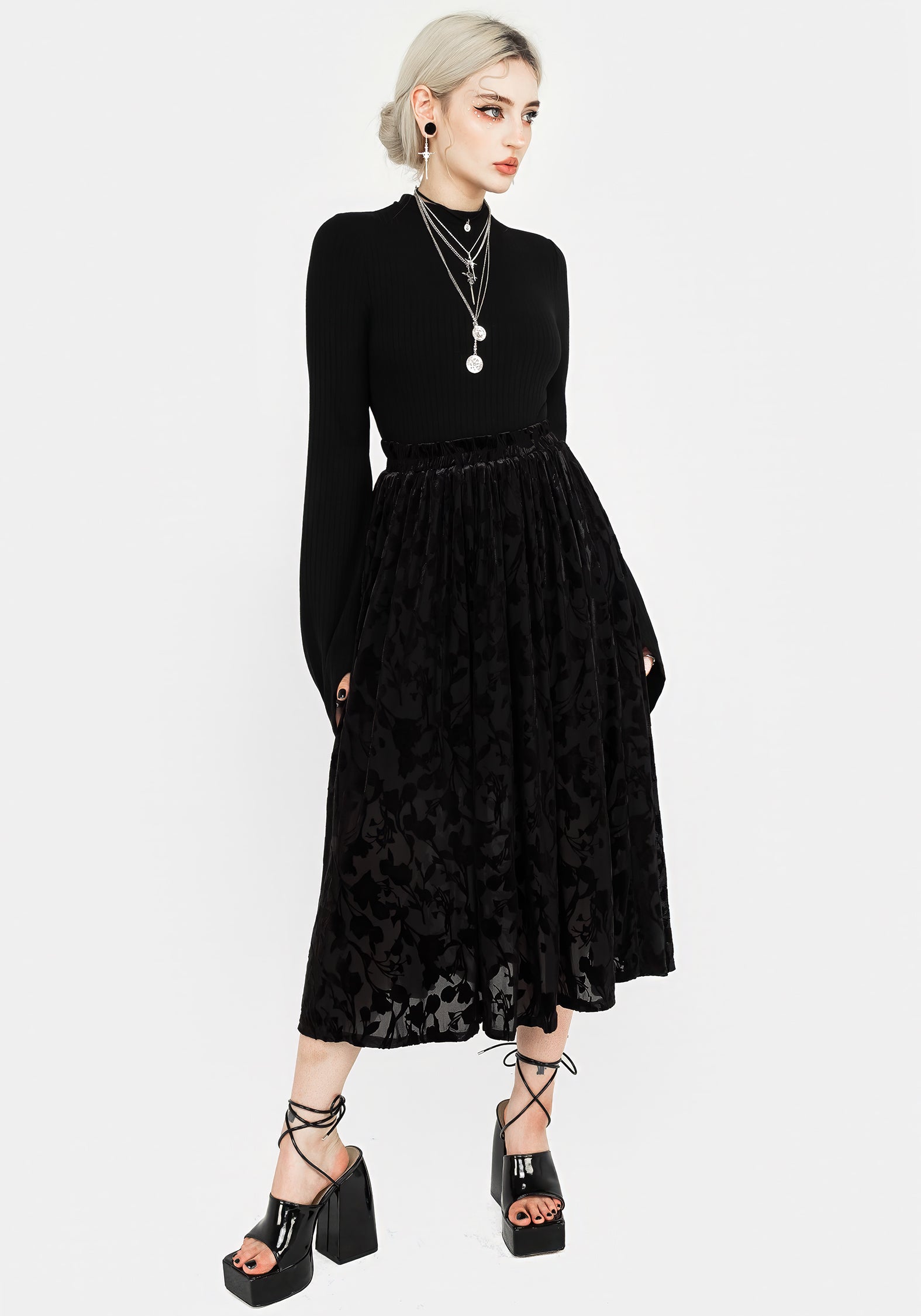 Black Floral Devoré Mesh Midi Skirt with Elastic Waistband | Ava Devoré