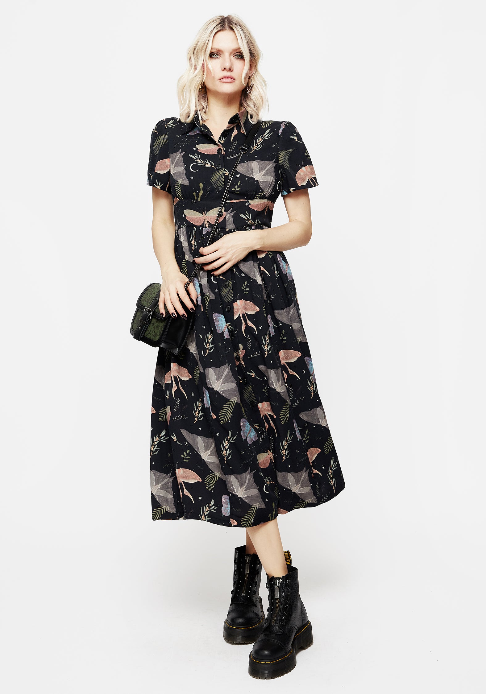Black Moth & Fern Print Midi Shirt Dress | Nightmoth
