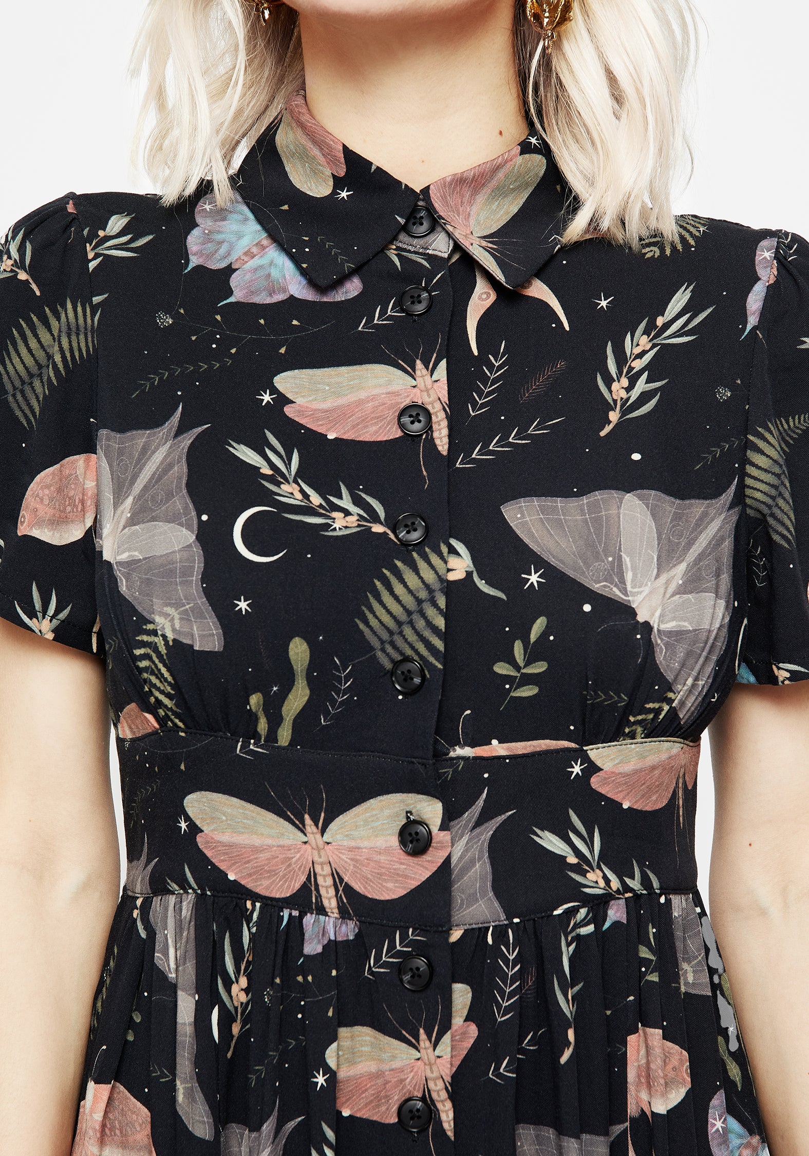 Black Moth & Fern Print Midi Shirt Dress | Nightmoth