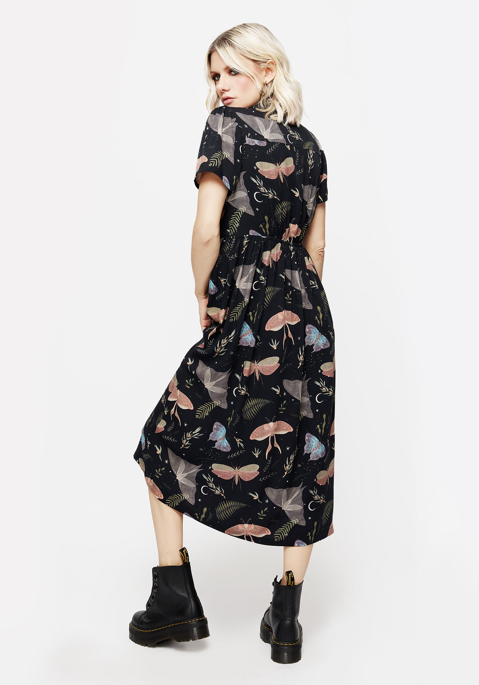 Black Moth & Fern Print Midi Shirt Dress | Nightmoth