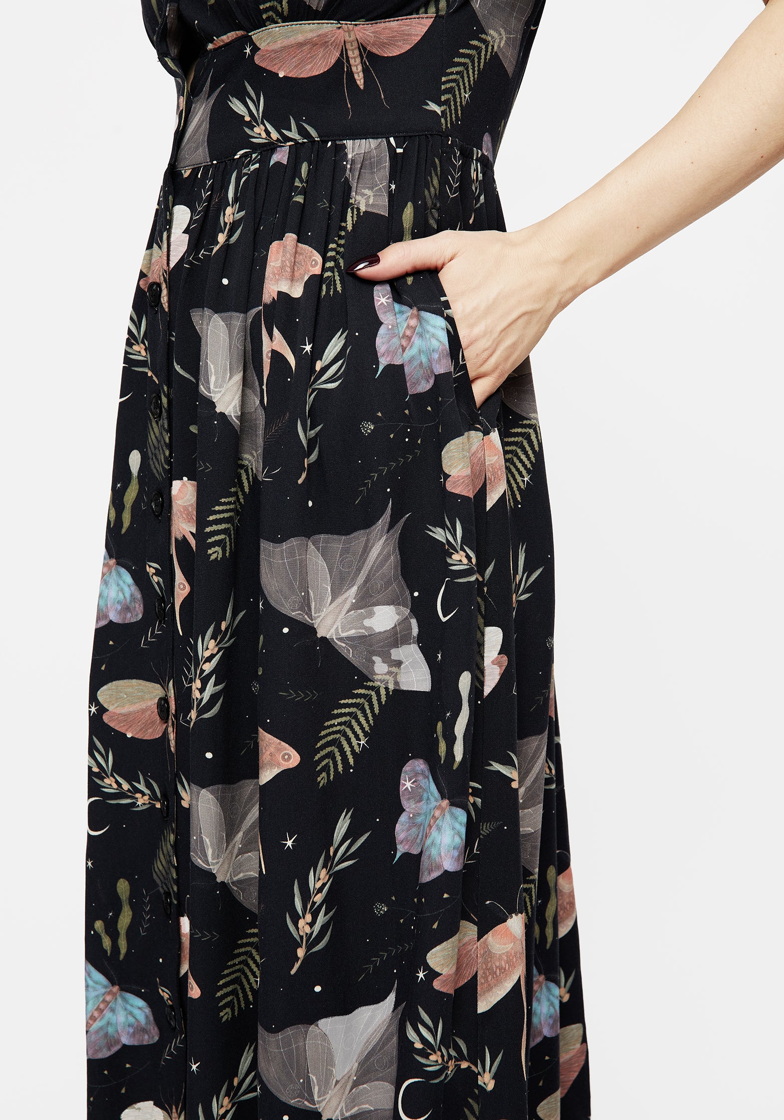 Black Moth & Fern Print Midi Shirt Dress | Nightmoth