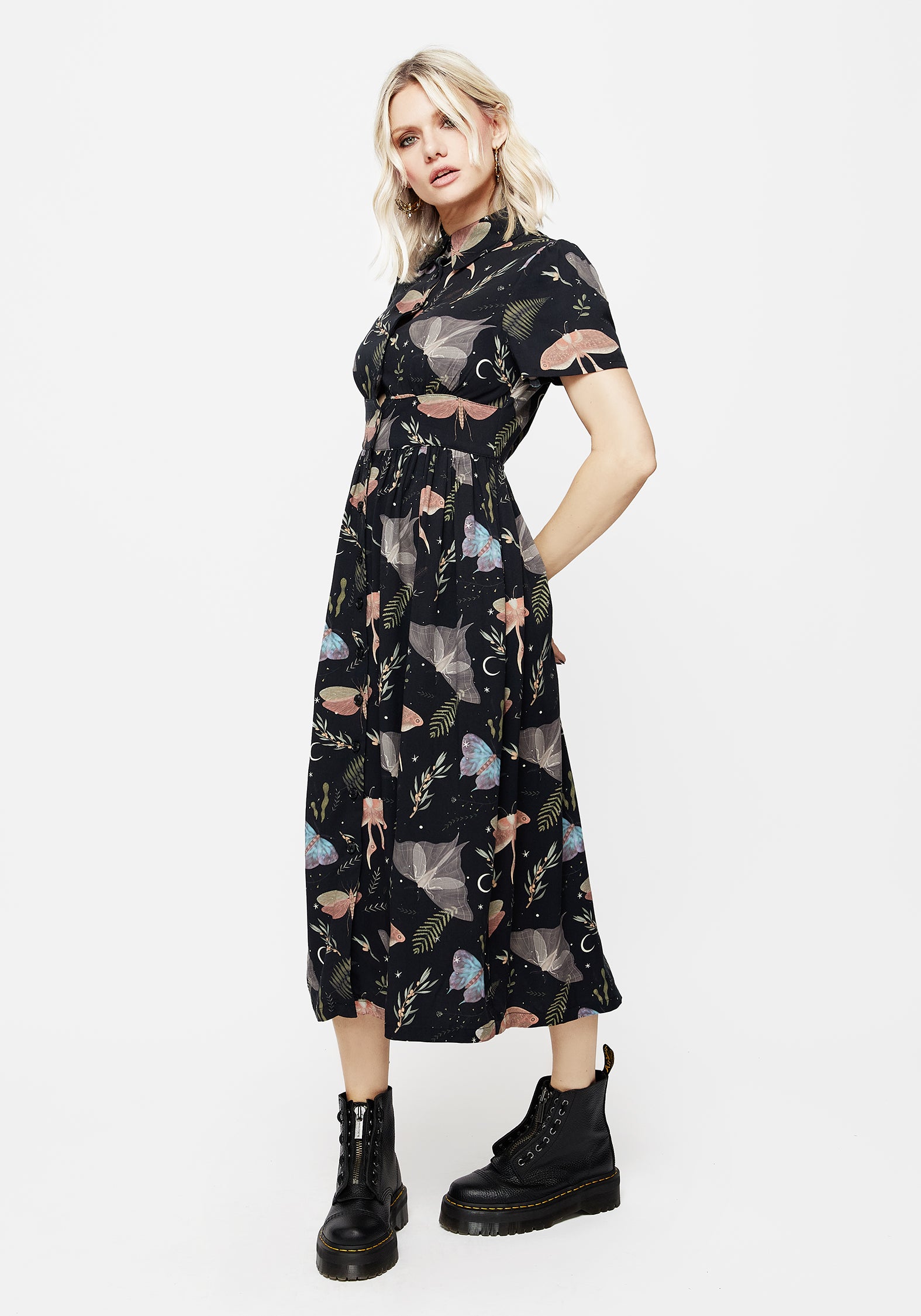 Black Moth & Fern Print Midi Shirt Dress | Nightmoth