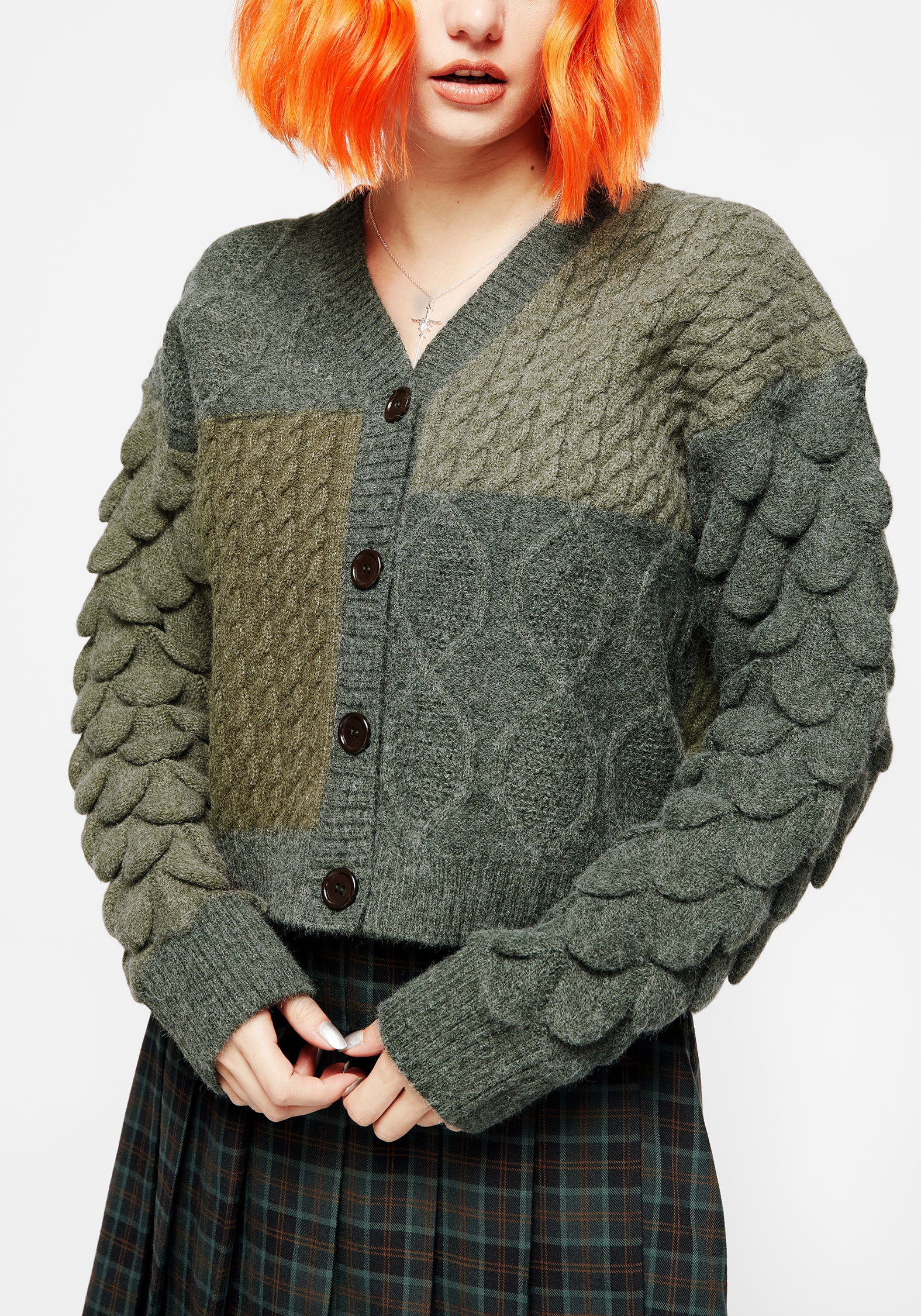 Green Chunky Knit Cropped Cardigan with Patchwork Design | Brazen
