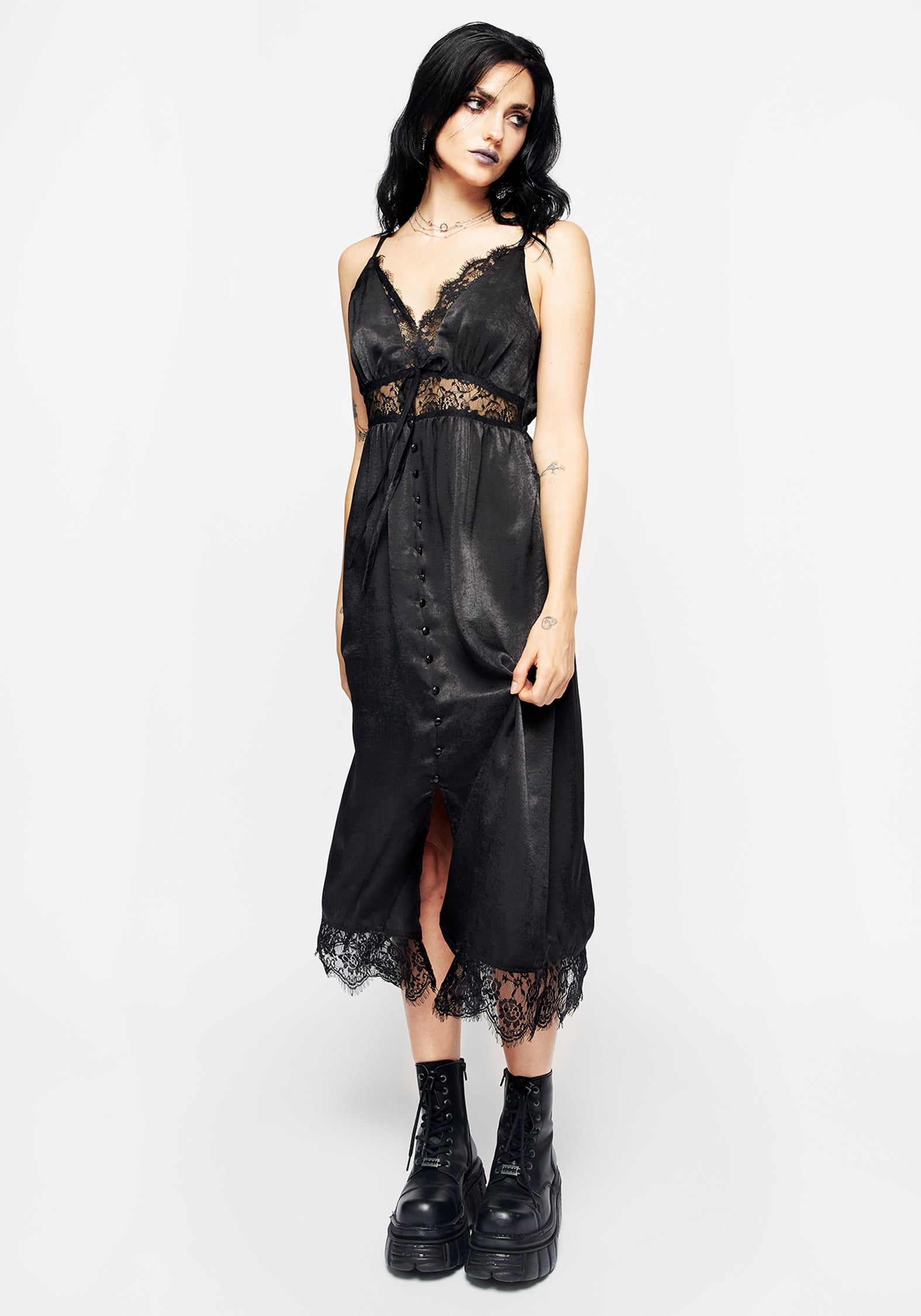 Black Satin Lace-Trim Cami Dress with Adjustable Straps | Conjure