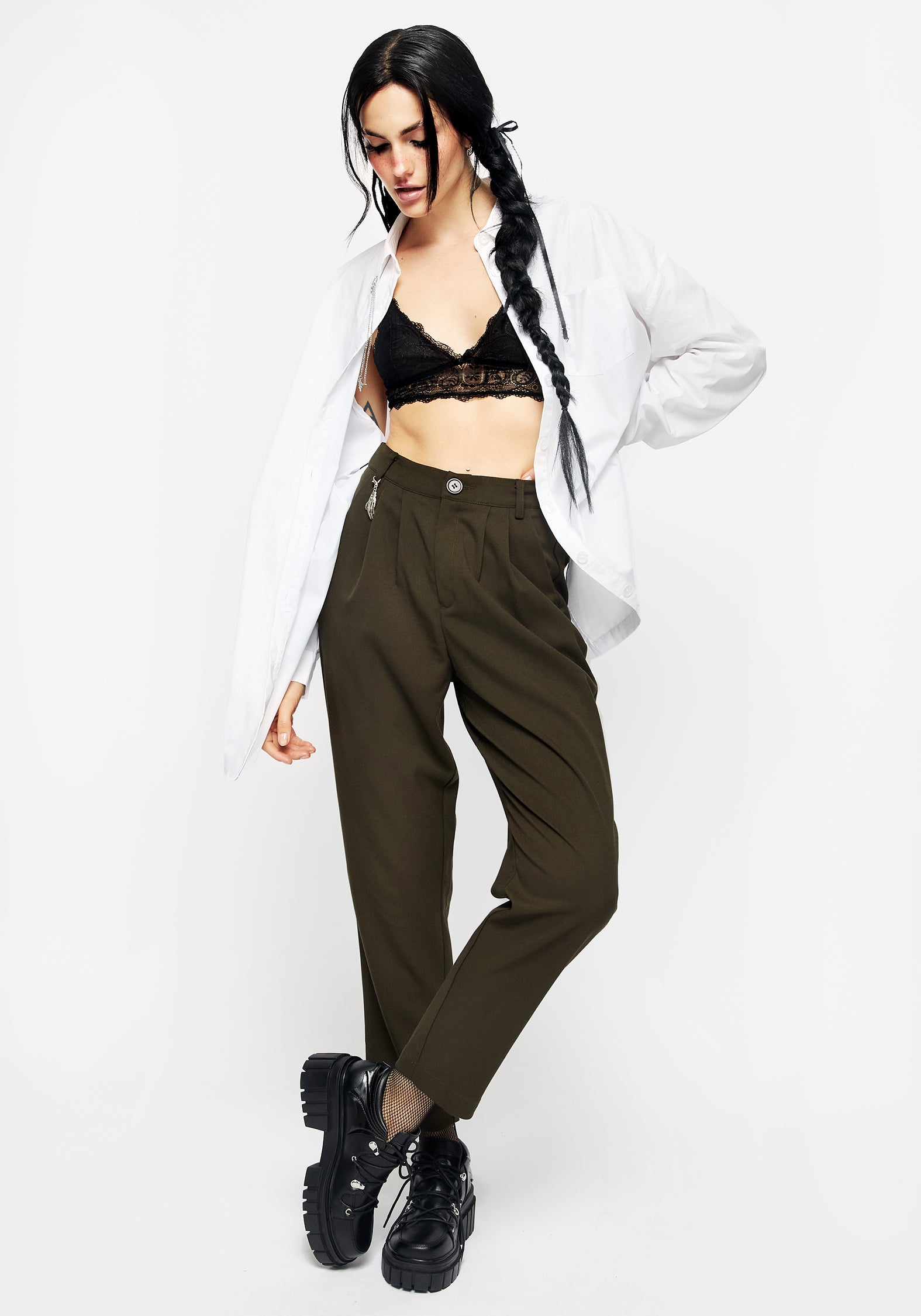 Khaki Green High-Waisted Tapered Trousers with Skeleton Charm | Malverde