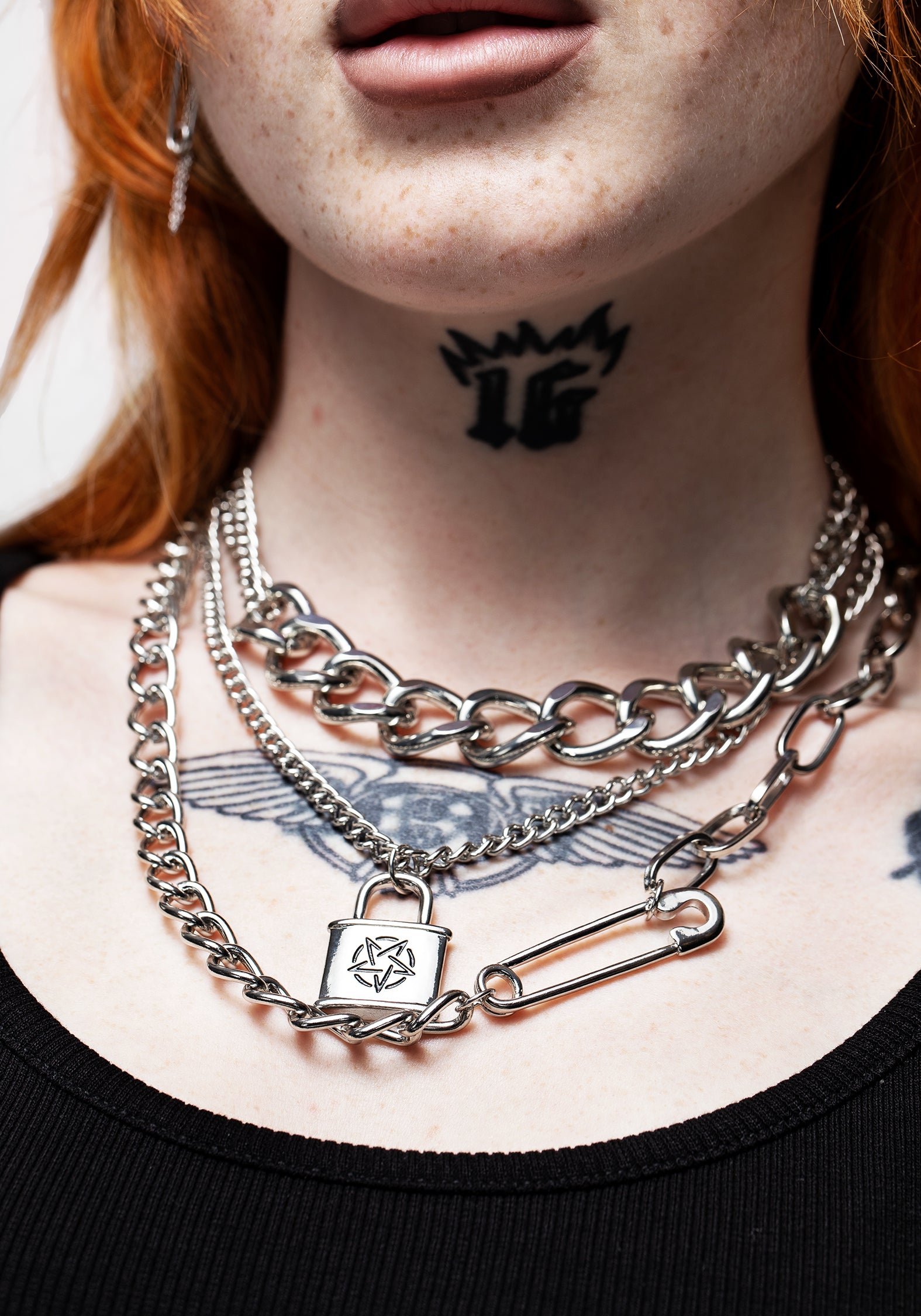 Layered Chain Necklace with Pentagram & Safety Pin Charms | Morgelai