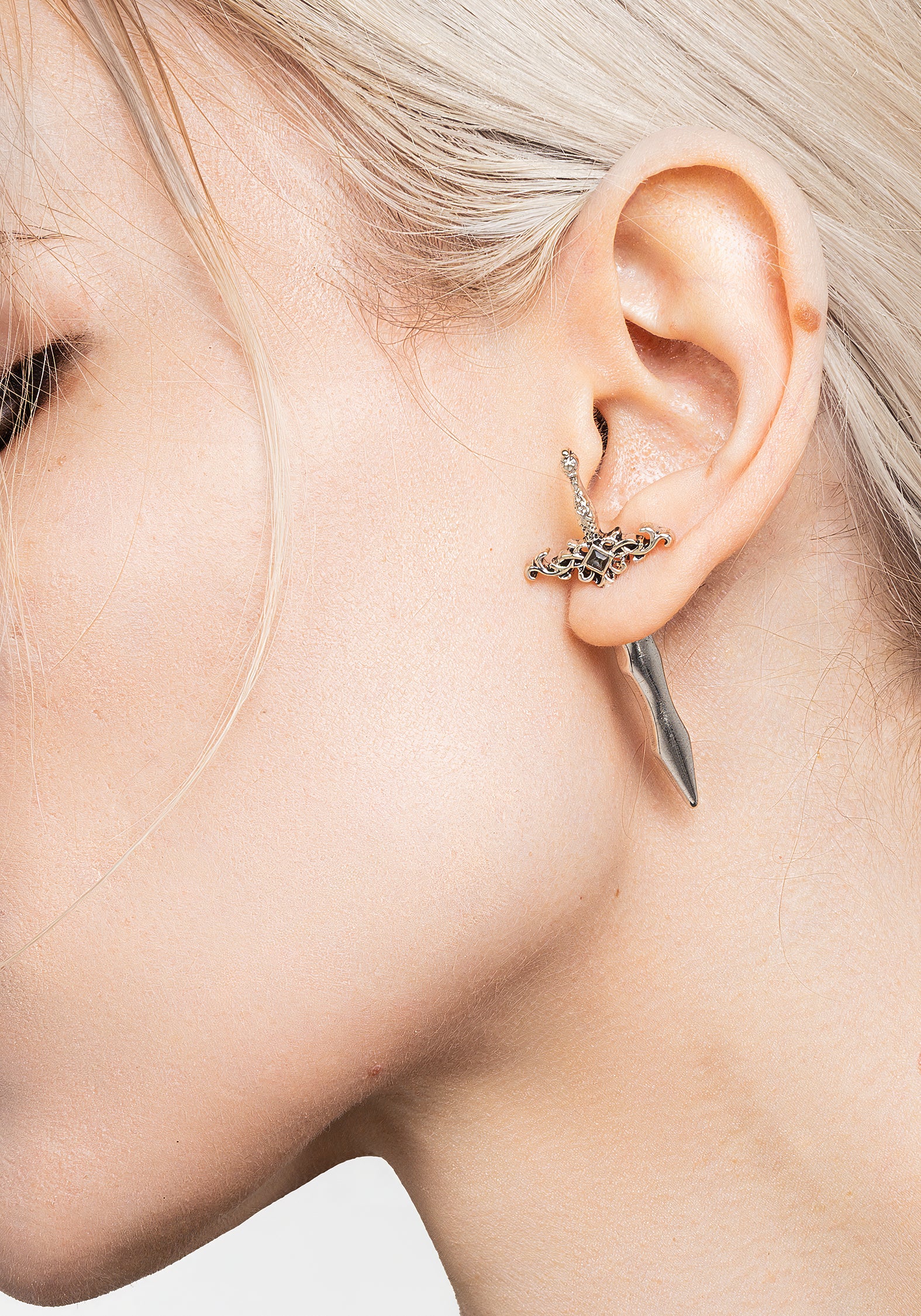 Dagger Illusion Earrings with Black Gem | Silver Plated Harpe