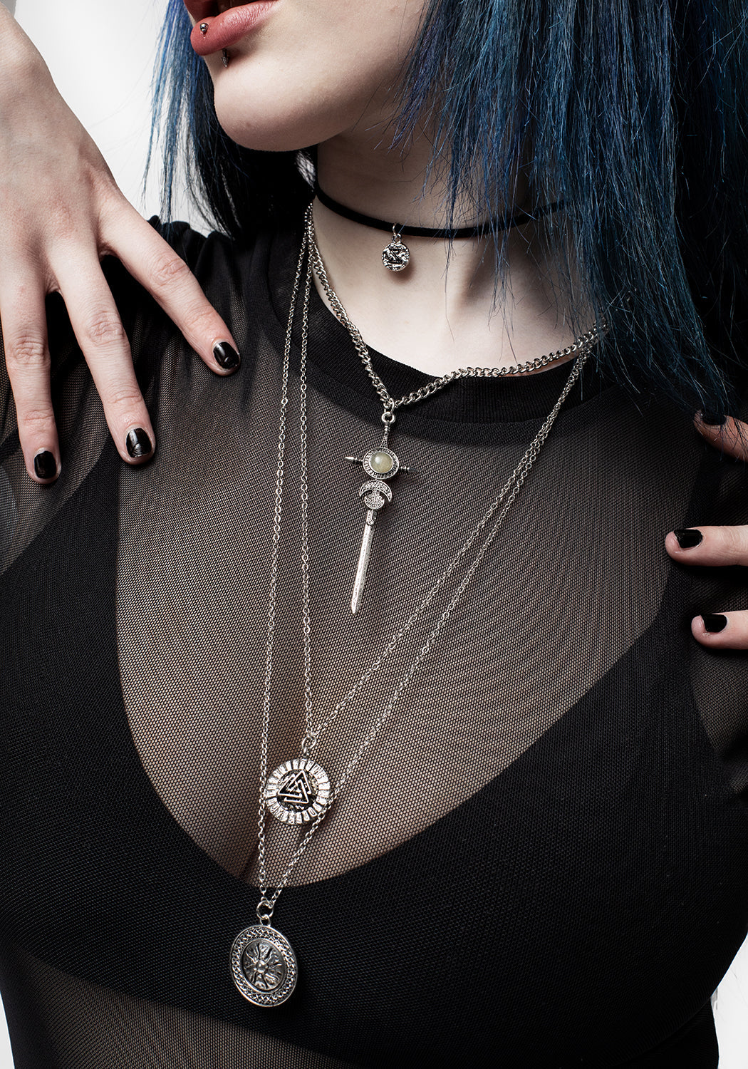 Layered Rune Choker Necklace with Sword Pendant & Semi-Precious Stone | Valkyrie