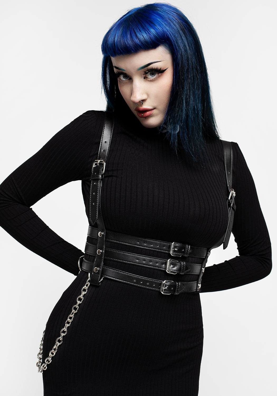 Faux Leather Strappy Harness with Adjustable Buckles & Silver Rivets | Obsession