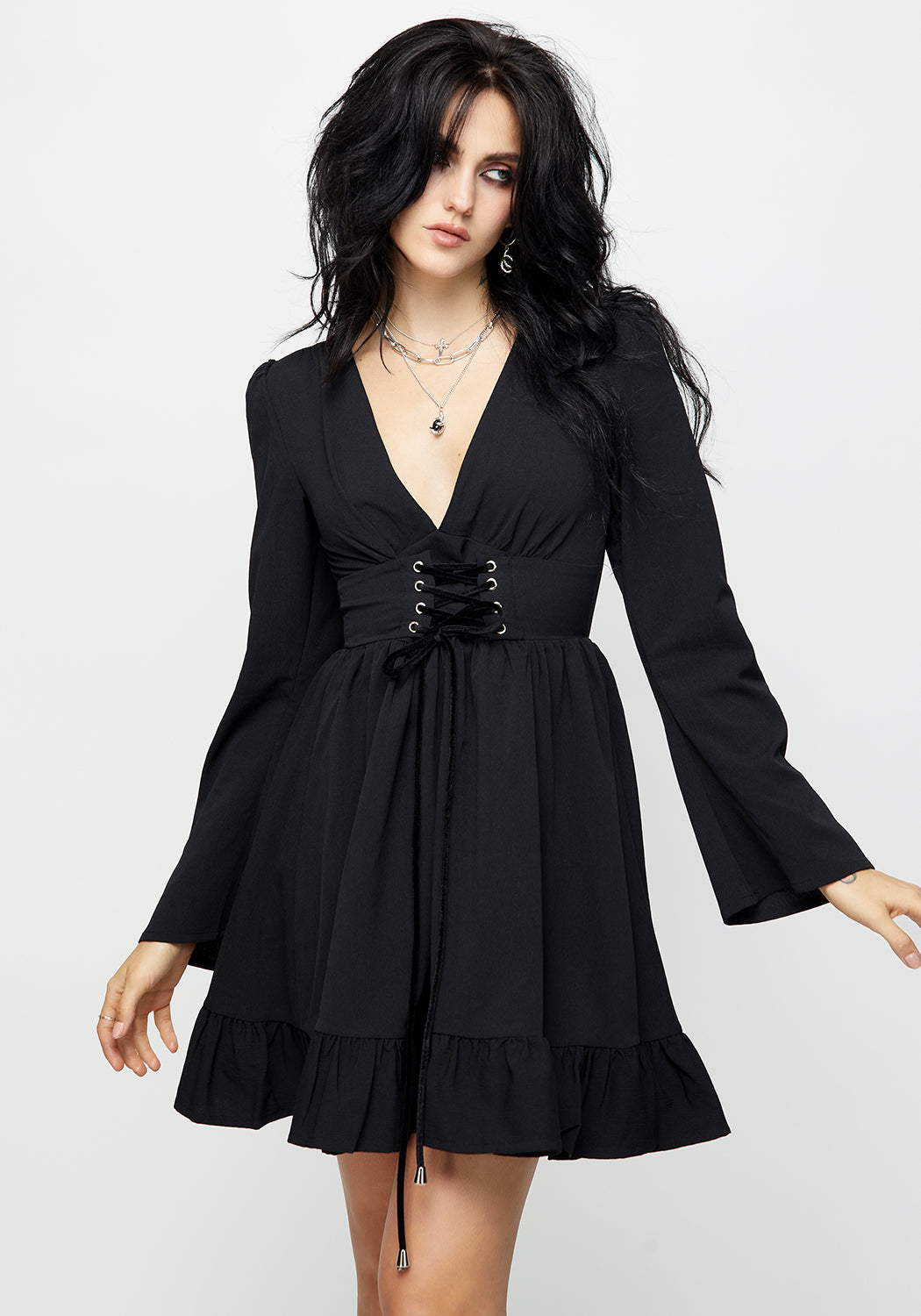 Black Lace Up Mini Dress with Plunging Neckline & Open Back | Aura