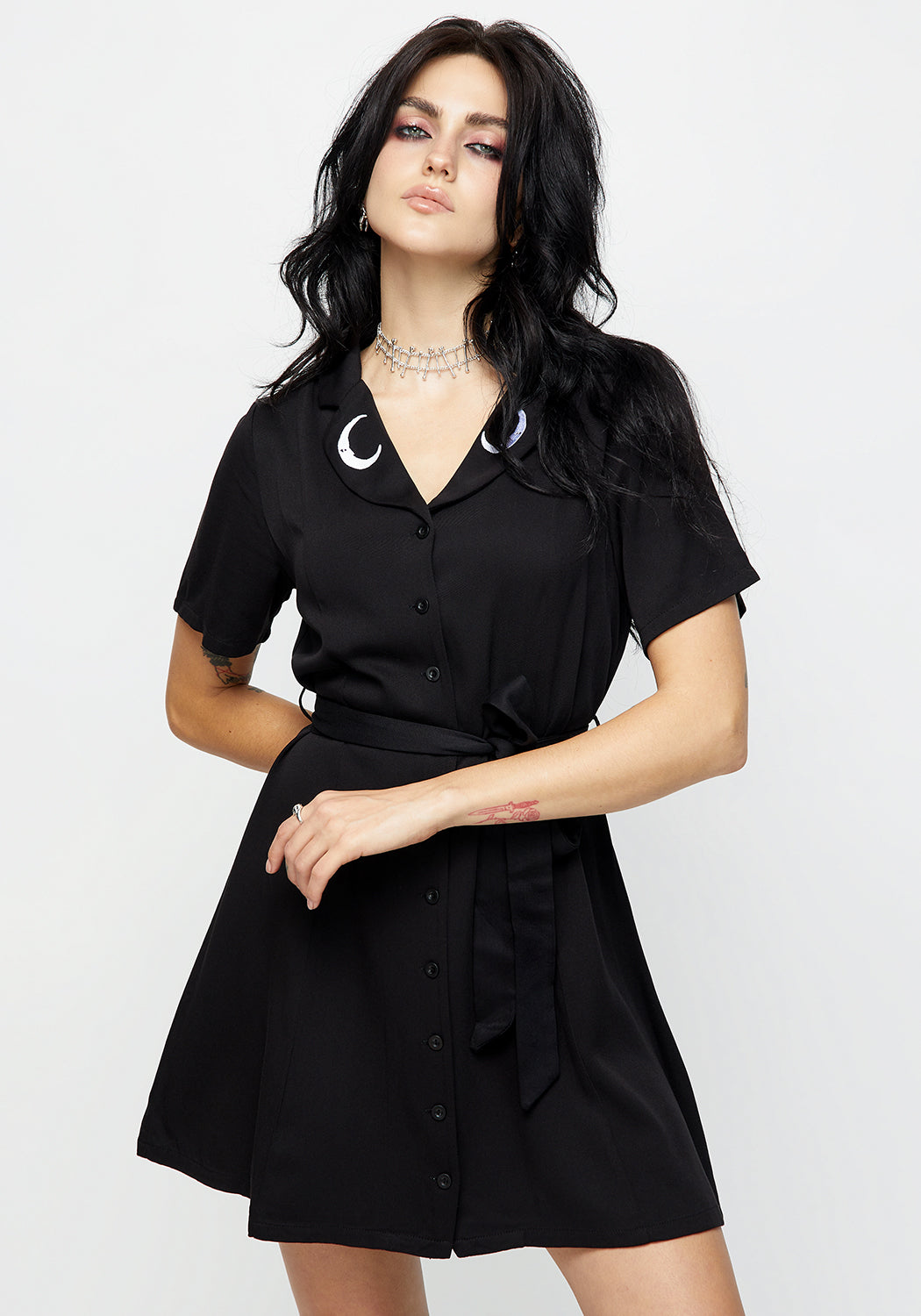 Black Embroidered Button Up Mini Shirt Dress with Moon Collar | Luna