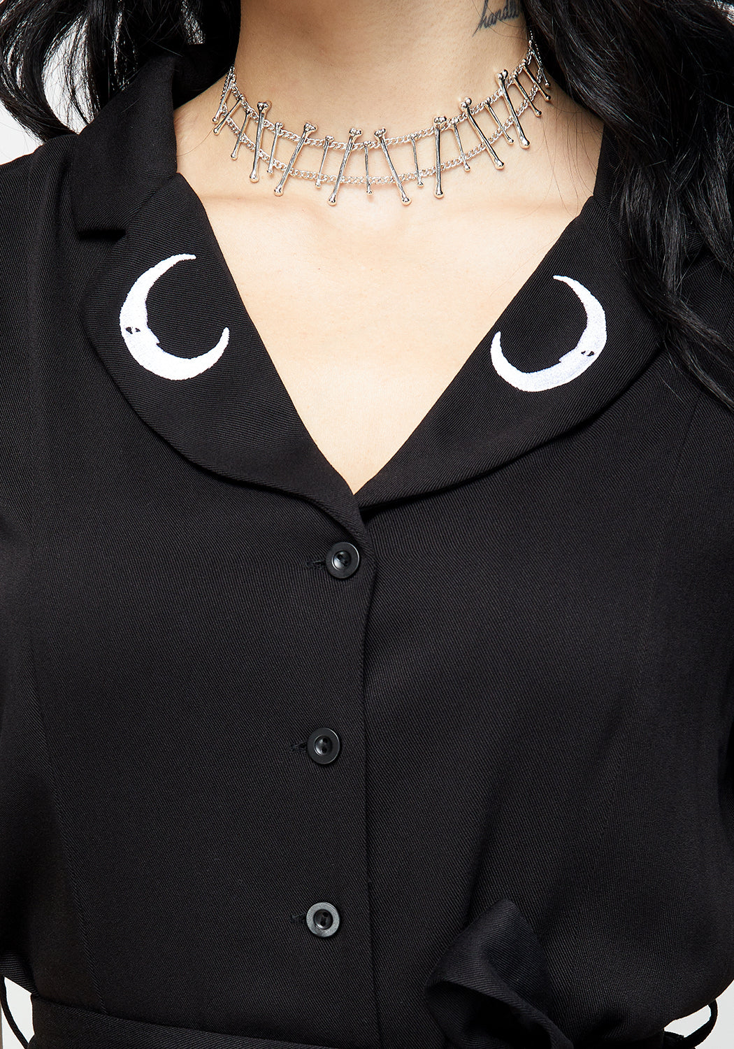 Black Embroidered Button Up Mini Shirt Dress with Moon Collar | Luna
