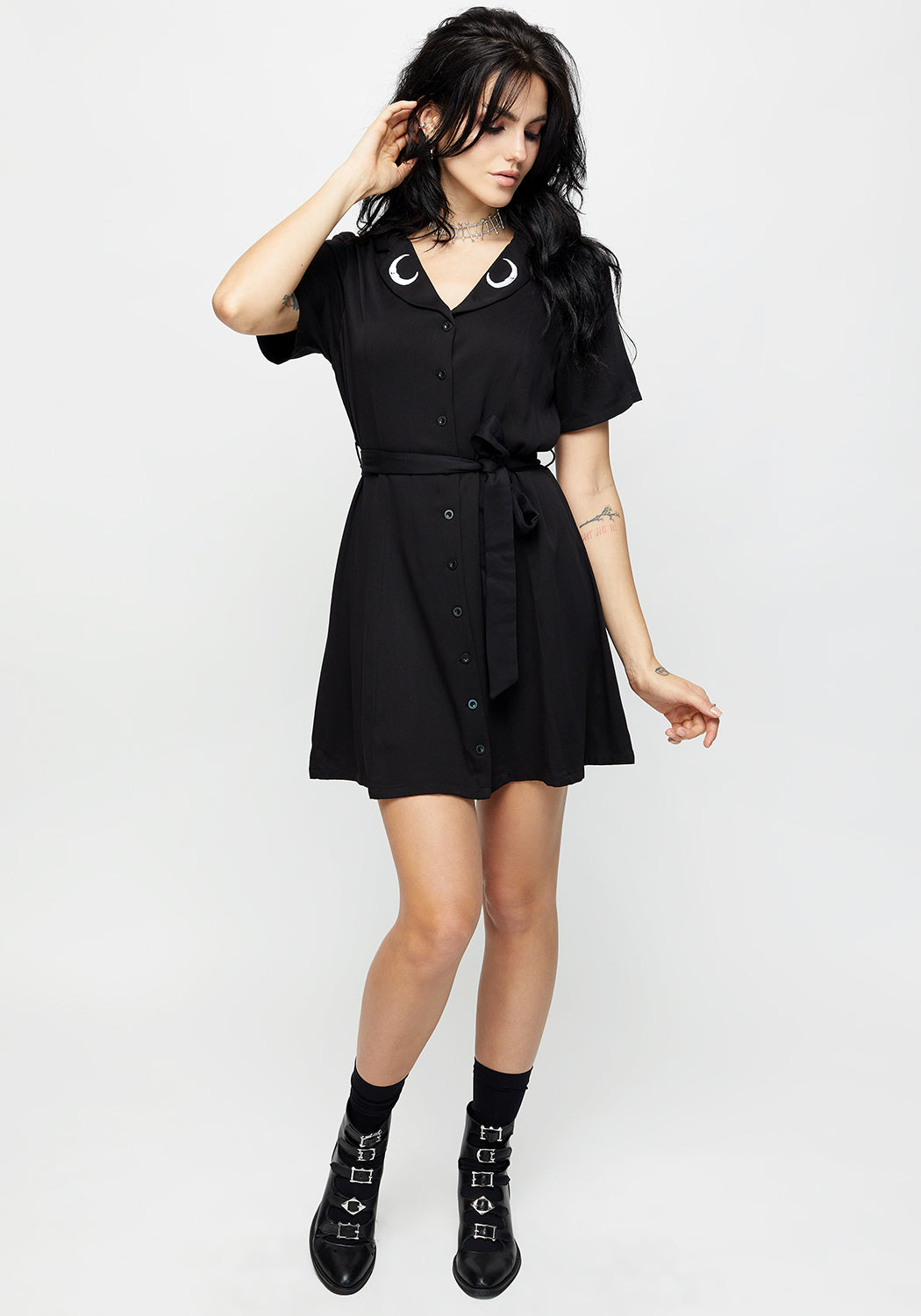 Black Embroidered Button Up Mini Shirt Dress with Moon Collar | Luna