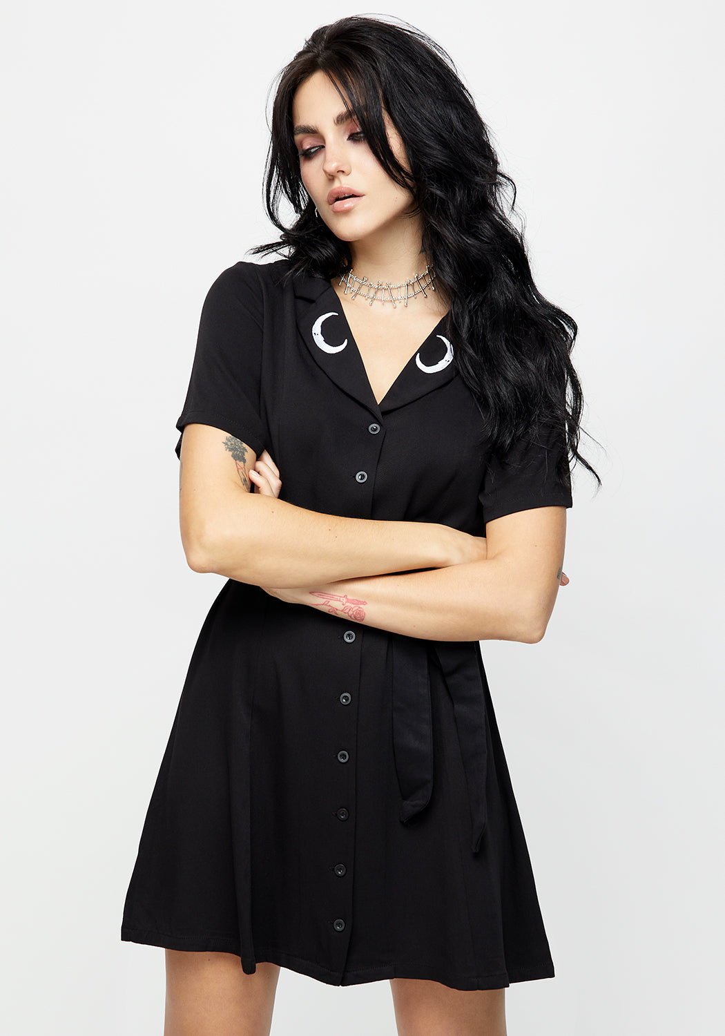 Black Embroidered Button Up Mini Shirt Dress with Moon Collar | Luna
