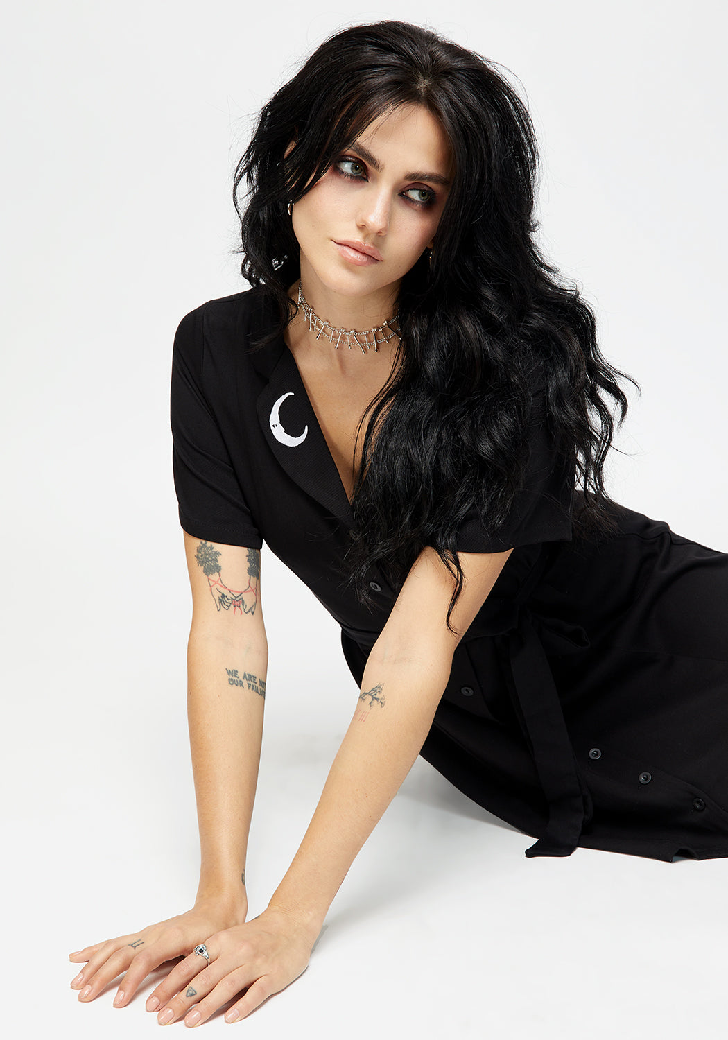 Black Embroidered Button Up Mini Shirt Dress with Moon Collar | Luna