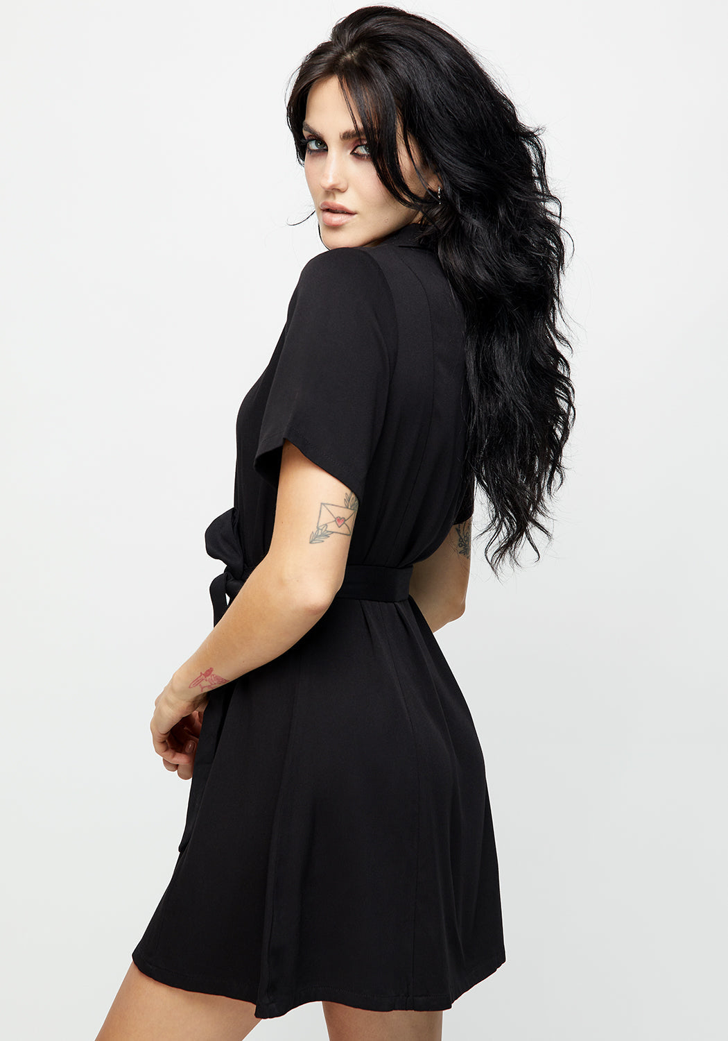 Black Embroidered Button Up Mini Shirt Dress with Moon Collar | Luna