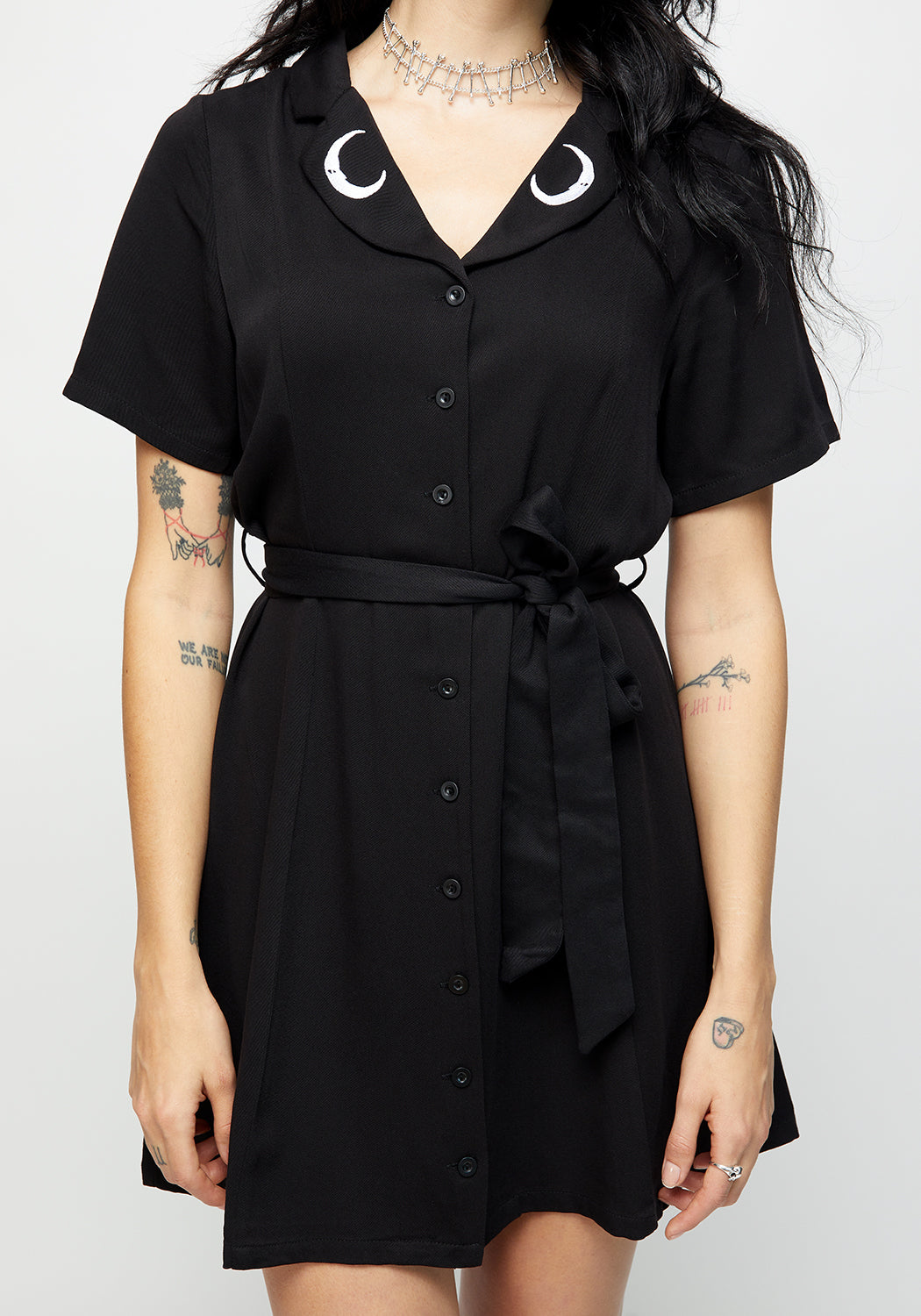 Black Embroidered Button Up Mini Shirt Dress with Moon Collar | Luna