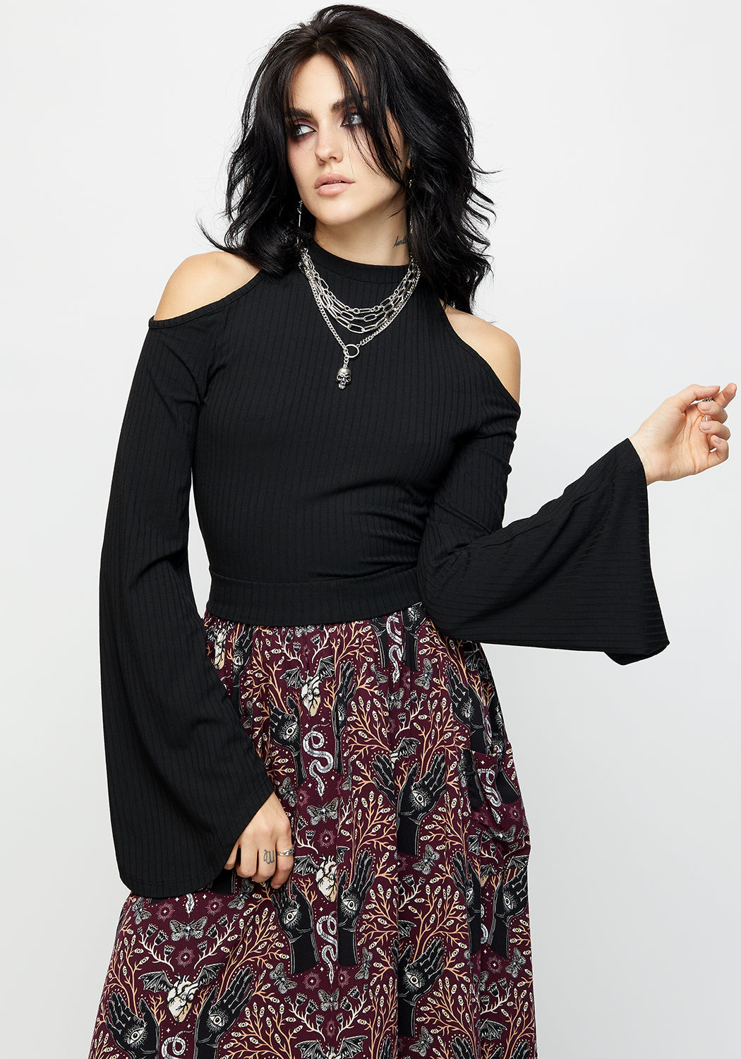 Black Ribbed Tie-Back Crop Top with Cold Shoulder | Elixir