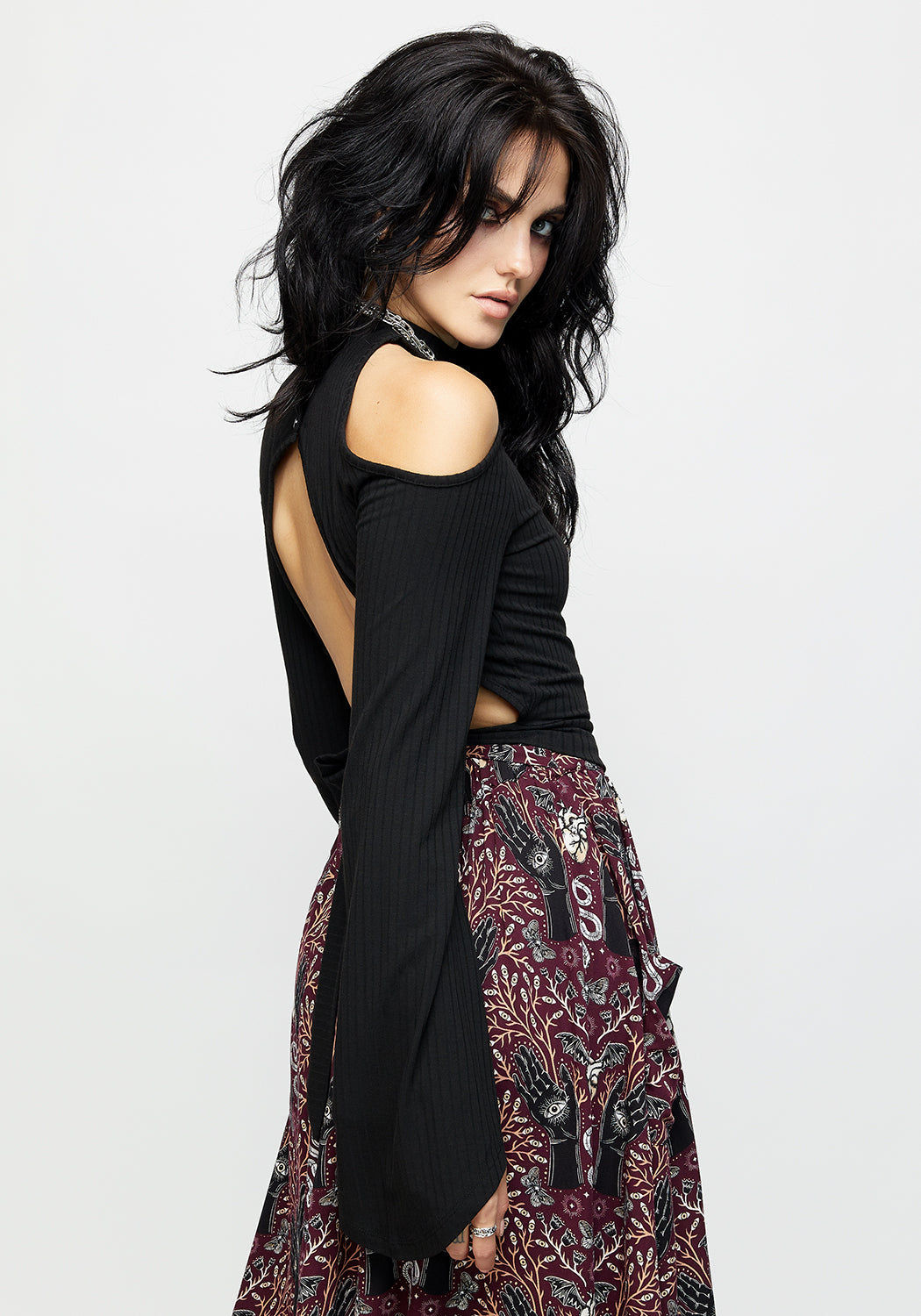 Black Ribbed Tie-Back Crop Top with Cold Shoulder | Elixir