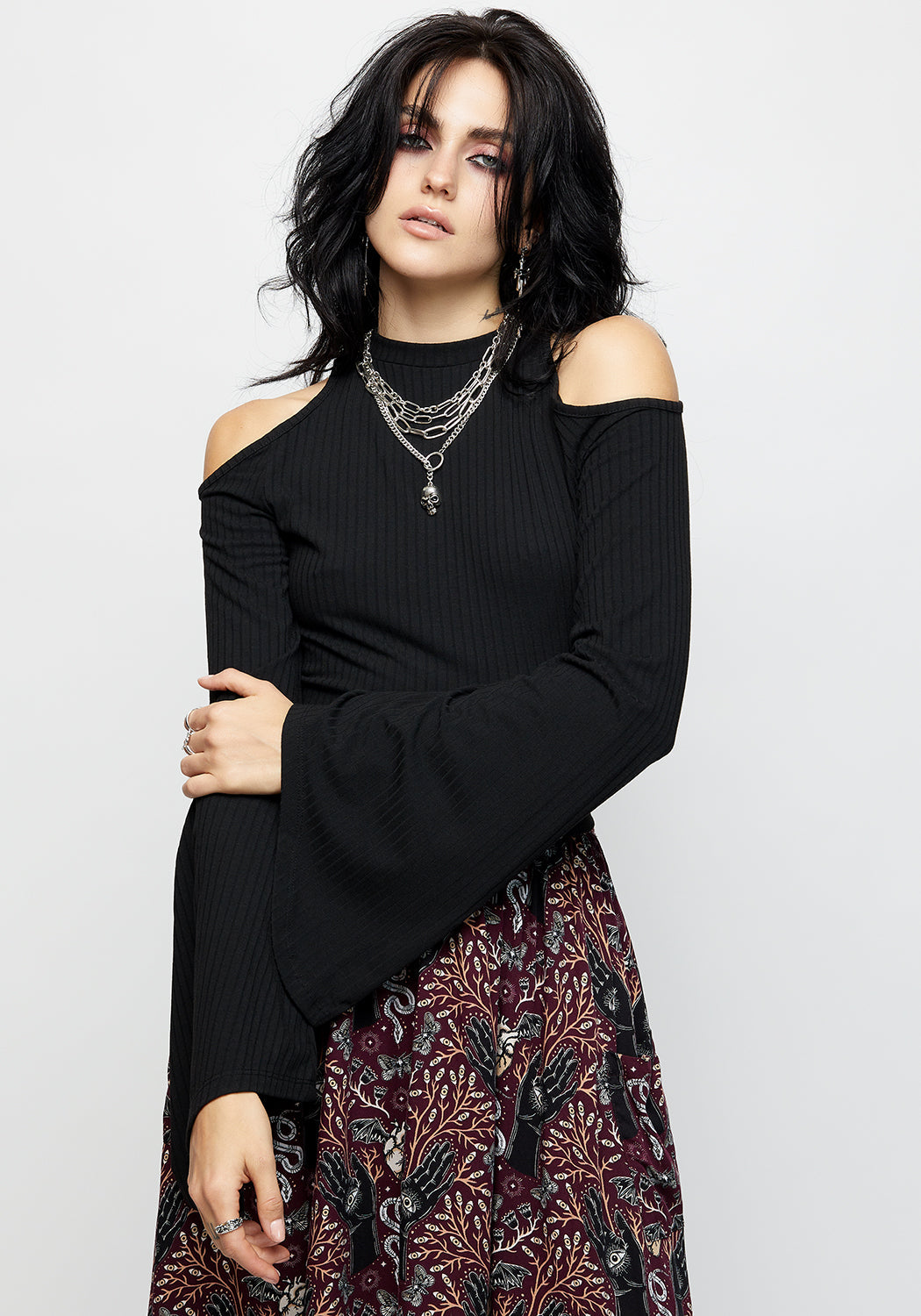 Black Ribbed Tie-Back Crop Top with Cold Shoulder | Elixir