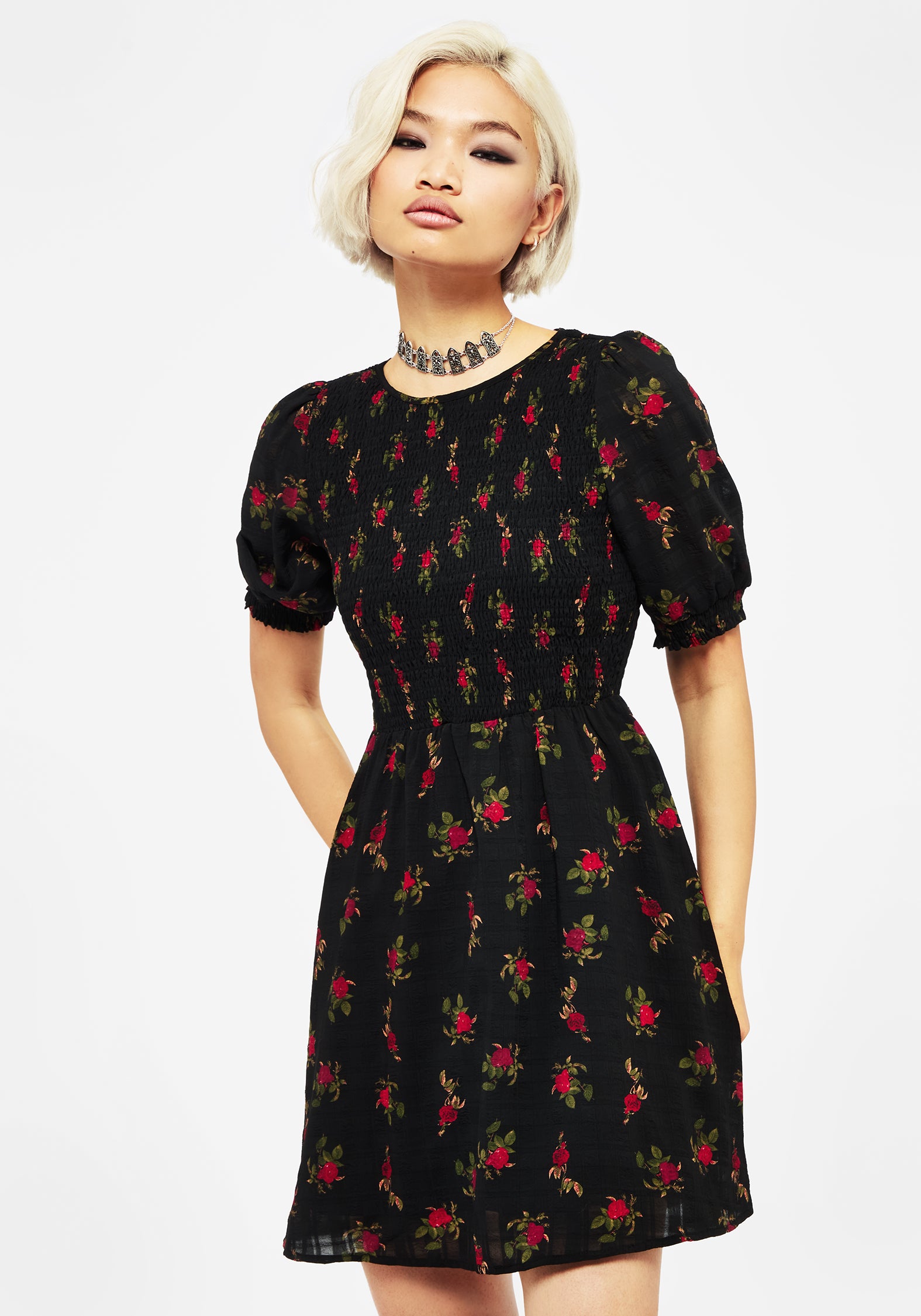 Black & Red Floral Print Mini Dress with Puff Sleeves | Darcey