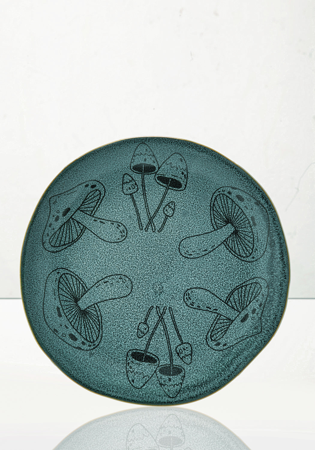 Mossy Green Mushroom Plate with Gold Rim | Hand-Wrought Finish