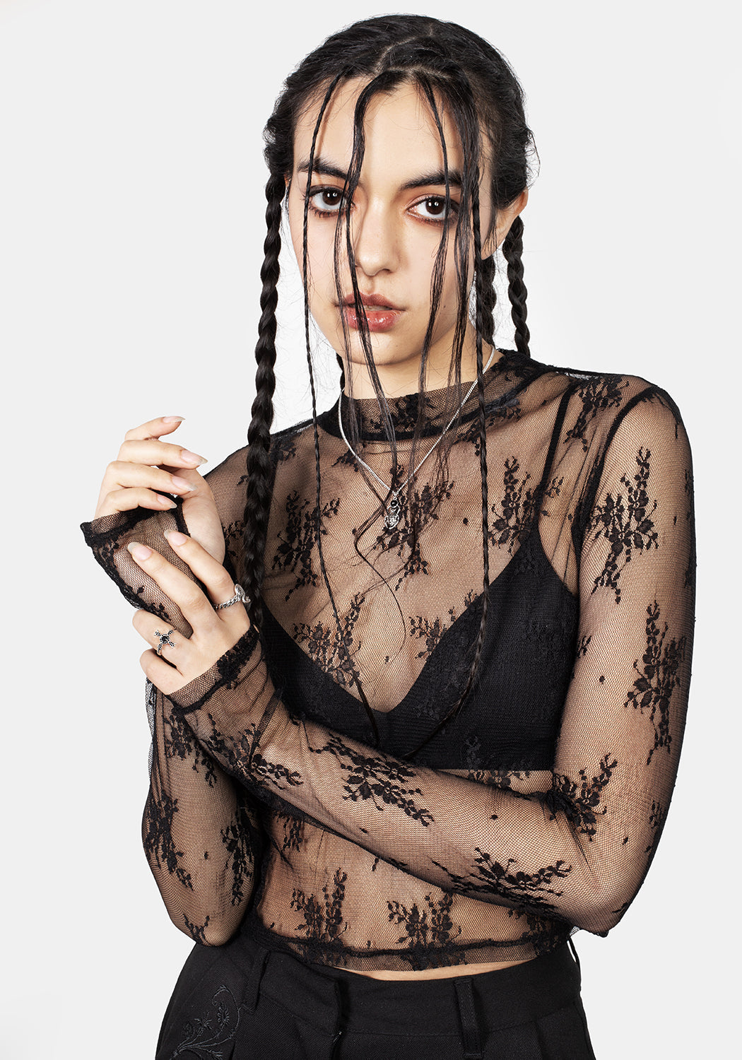 Black Floral Lace Crop Top with Long Sleeves & Thumb Holes | Eternal Lace