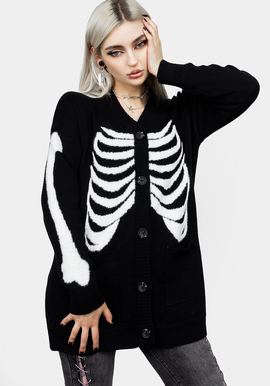 Black Oversized Cardigan with Skeleton Design | Skeletus