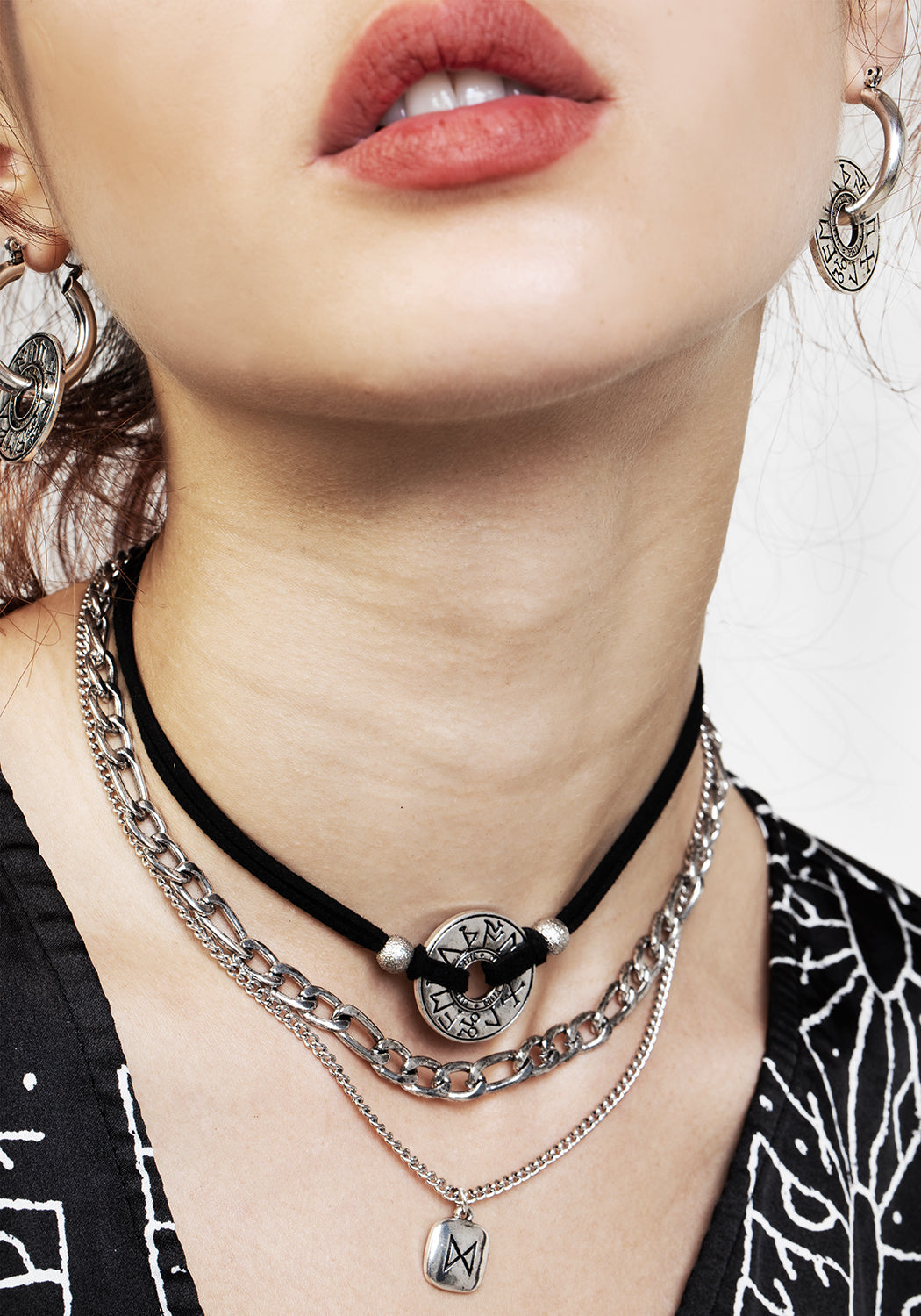Faux Leather & Silver Rune Layered Necklace with Adjustable Chains