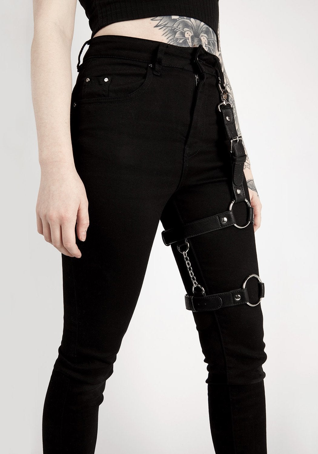 Adjustable Faux Leather Leg Harness with Metal Rings & Chains | Tether