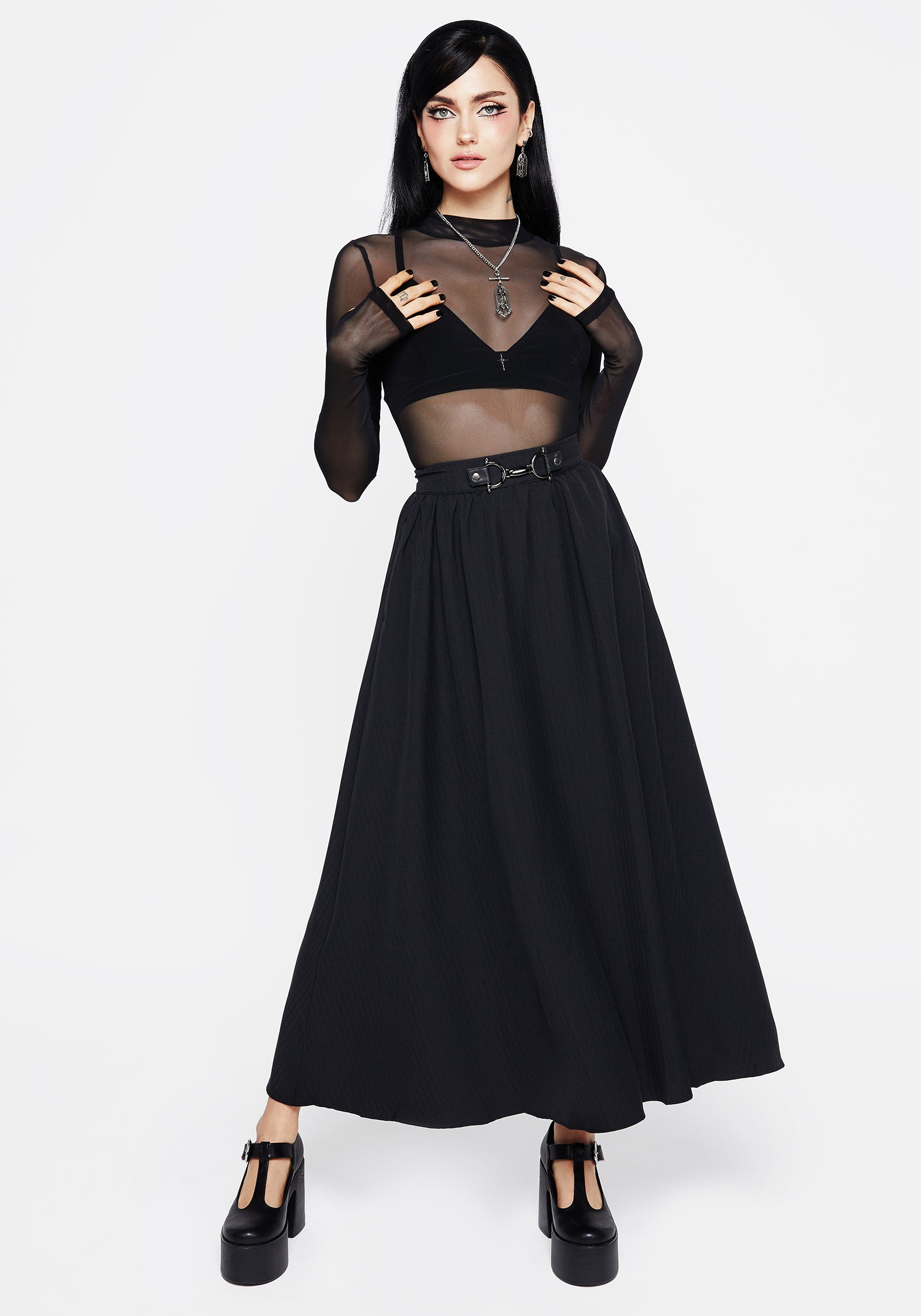 Black Herringbone Midaxi Skirt with Gunmetal Trim | Haunted