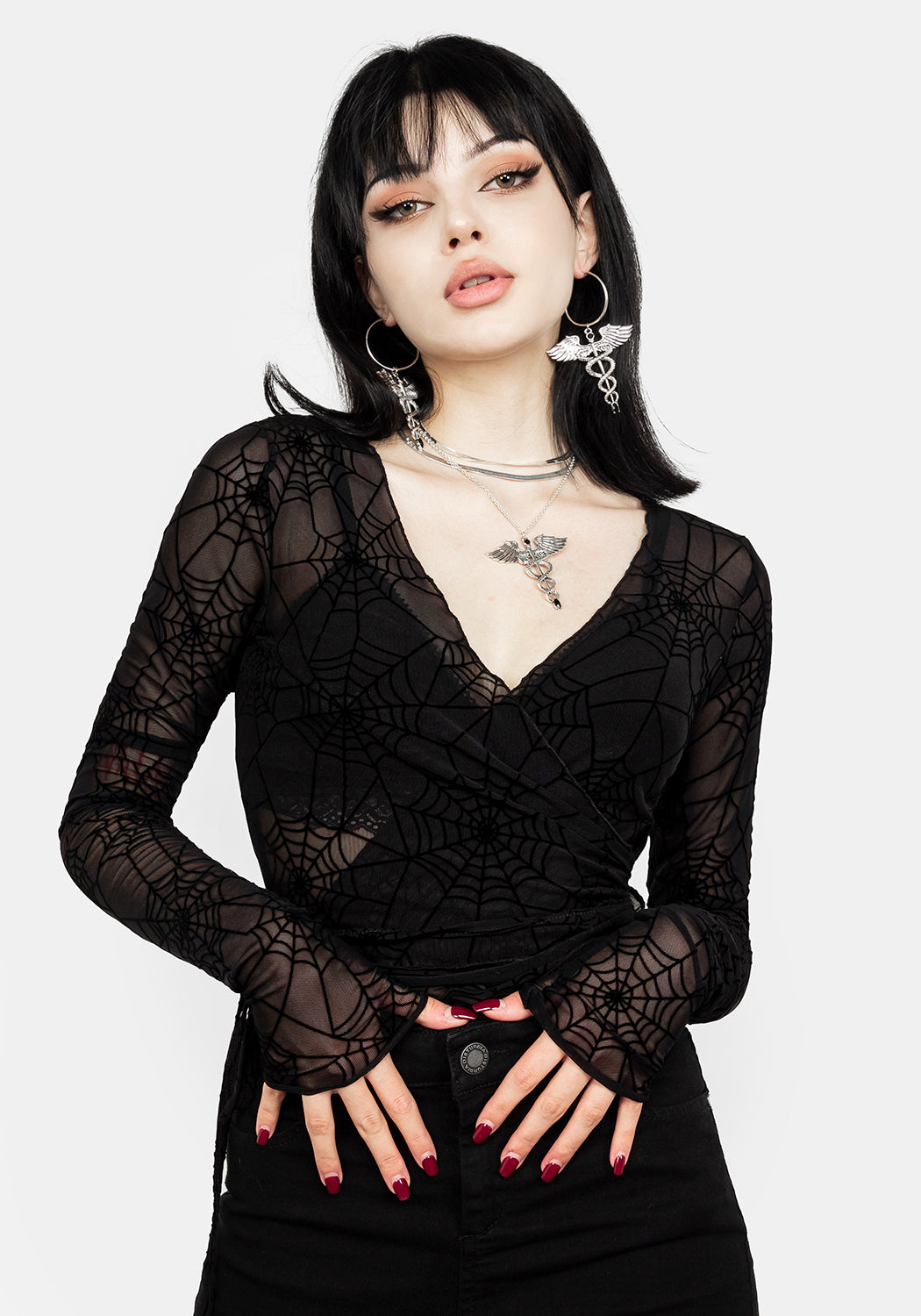 Spiderweb Mesh Wrap Top with Long Sleeves & Waist Tie | Venom