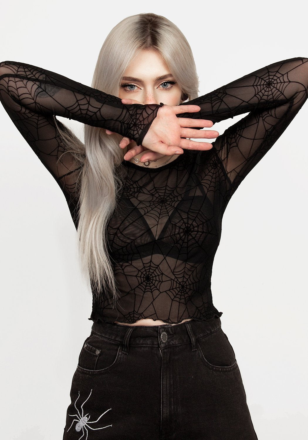 Black Mesh Crop Top with Spiderweb Print & Long Sleeves | Venom