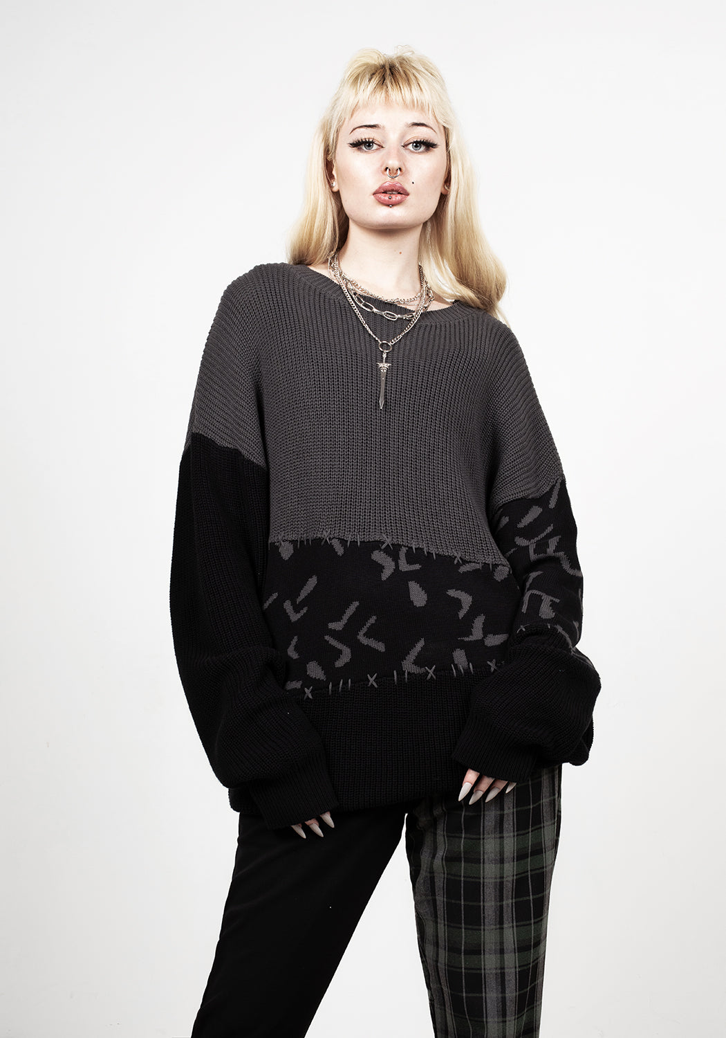 Oversized Abstract Knit Sweater with Dropped Shoulder | Longline Cotton Jumper