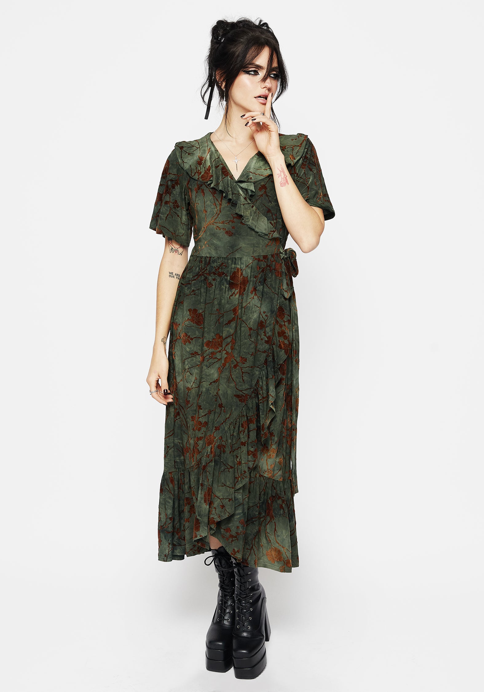 Green Ruffled Wrap Dress with Velour Flocking | Witchfire Midaxi