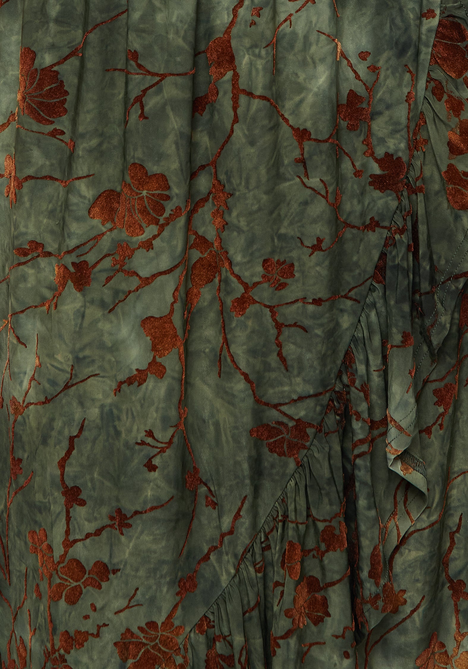 Green Ruffled Wrap Dress with Velour Flocking | Witchfire Midaxi