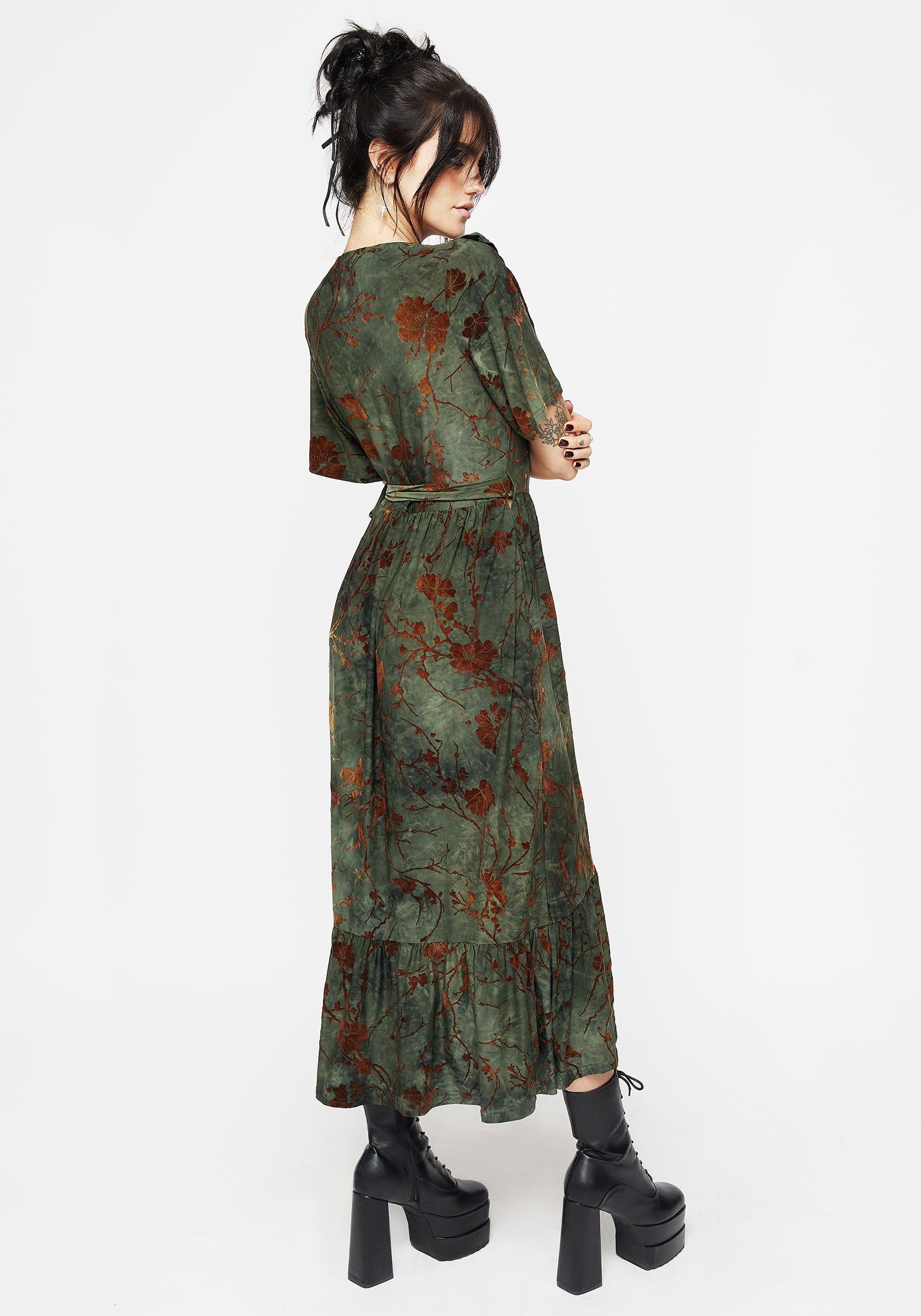 Green Ruffled Wrap Dress with Velour Flocking | Witchfire Midaxi