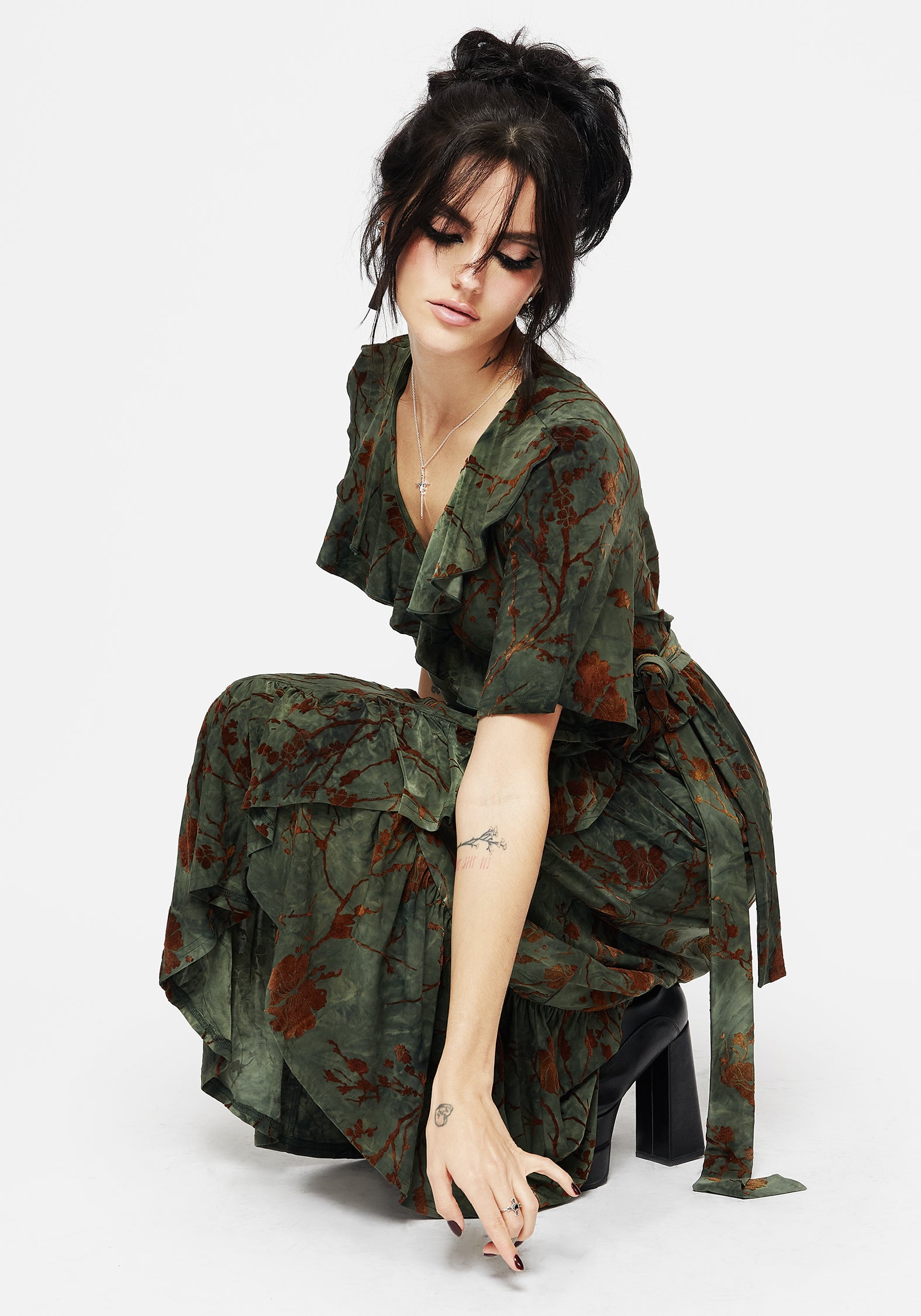 Green Ruffled Wrap Dress with Velour Flocking | Witchfire Midaxi