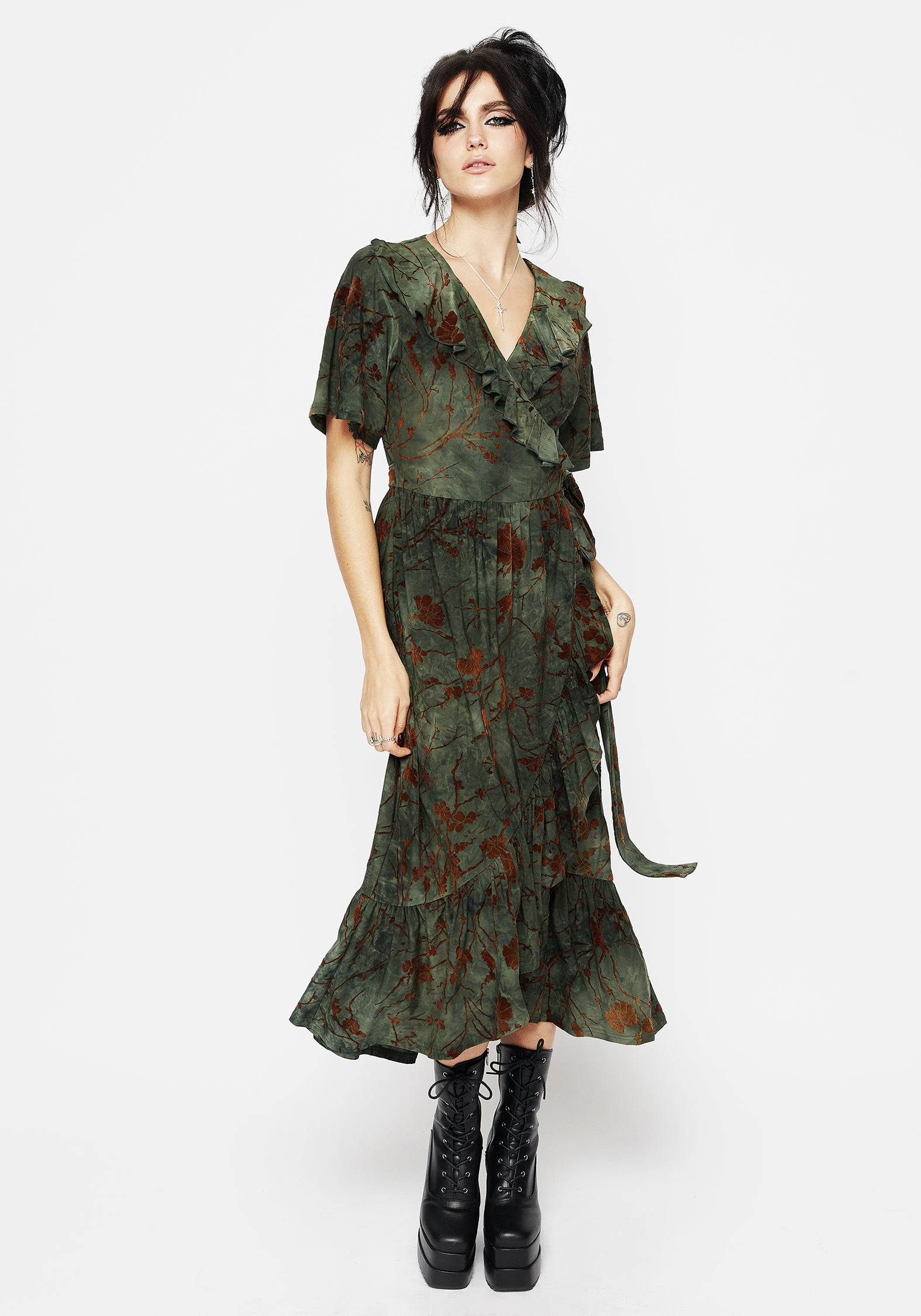 Green Ruffled Wrap Dress with Velour Flocking | Witchfire Midaxi