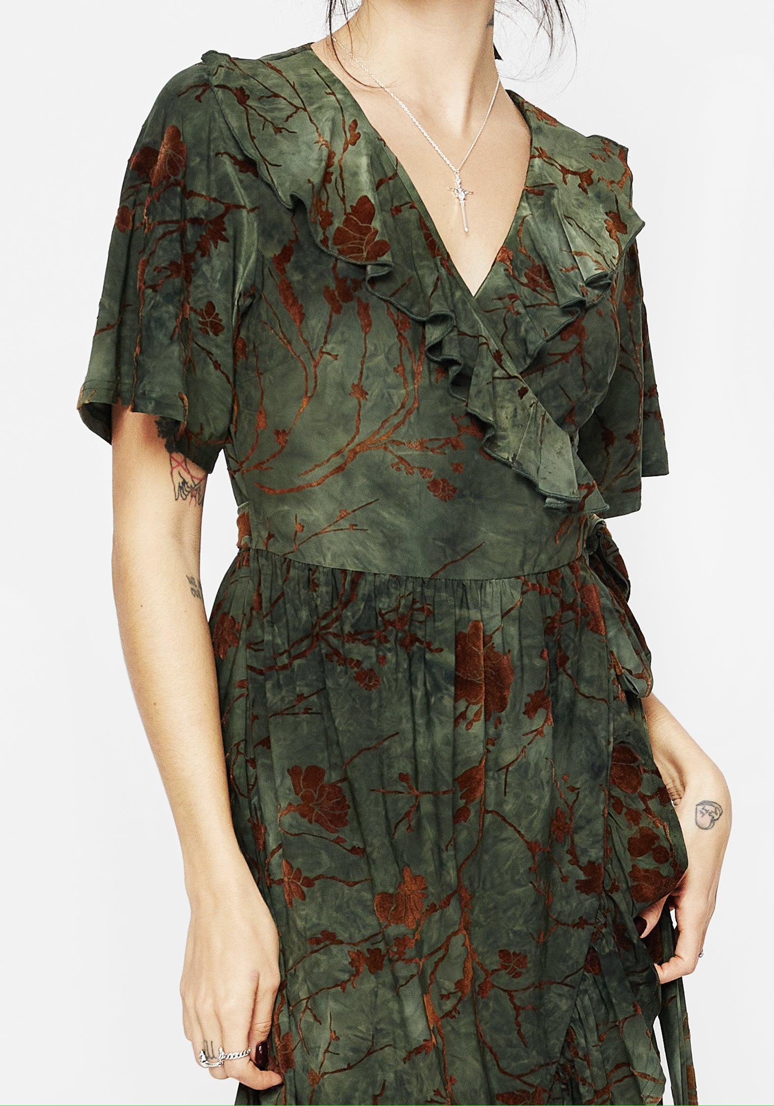 Green Ruffled Wrap Dress with Velour Flocking | Witchfire Midaxi