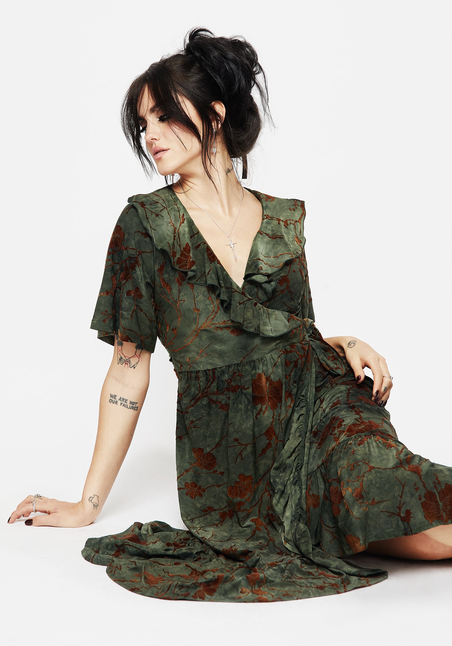 Green Ruffled Wrap Dress with Velour Flocking | Witchfire Midaxi