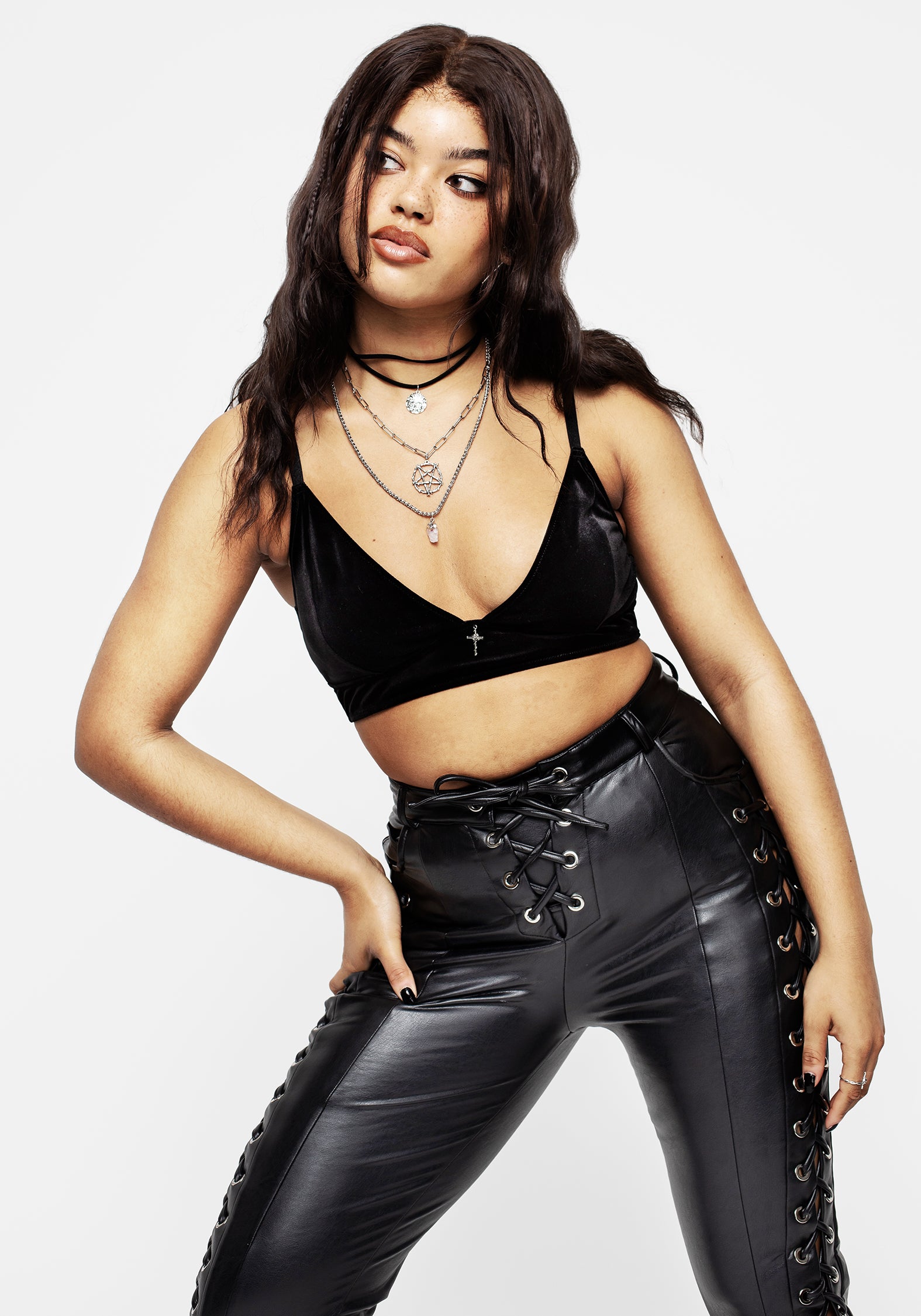 Black Velour Bralet with Silver Cross Charm | Unholy Collection