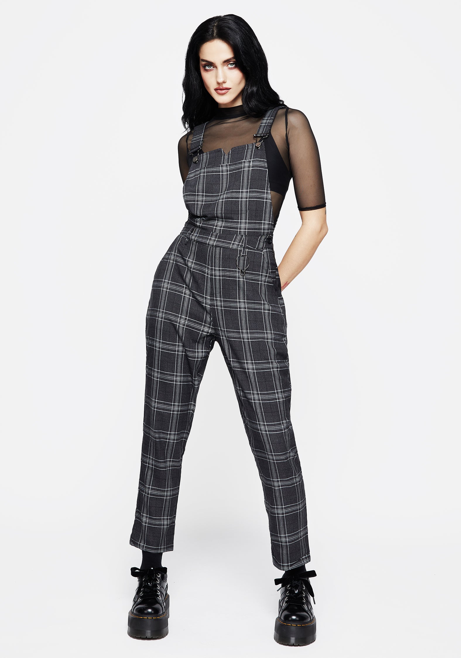 Fitted Check Dungarees with Adjustable Straps & Gunmetal Hardware | Gonzo
