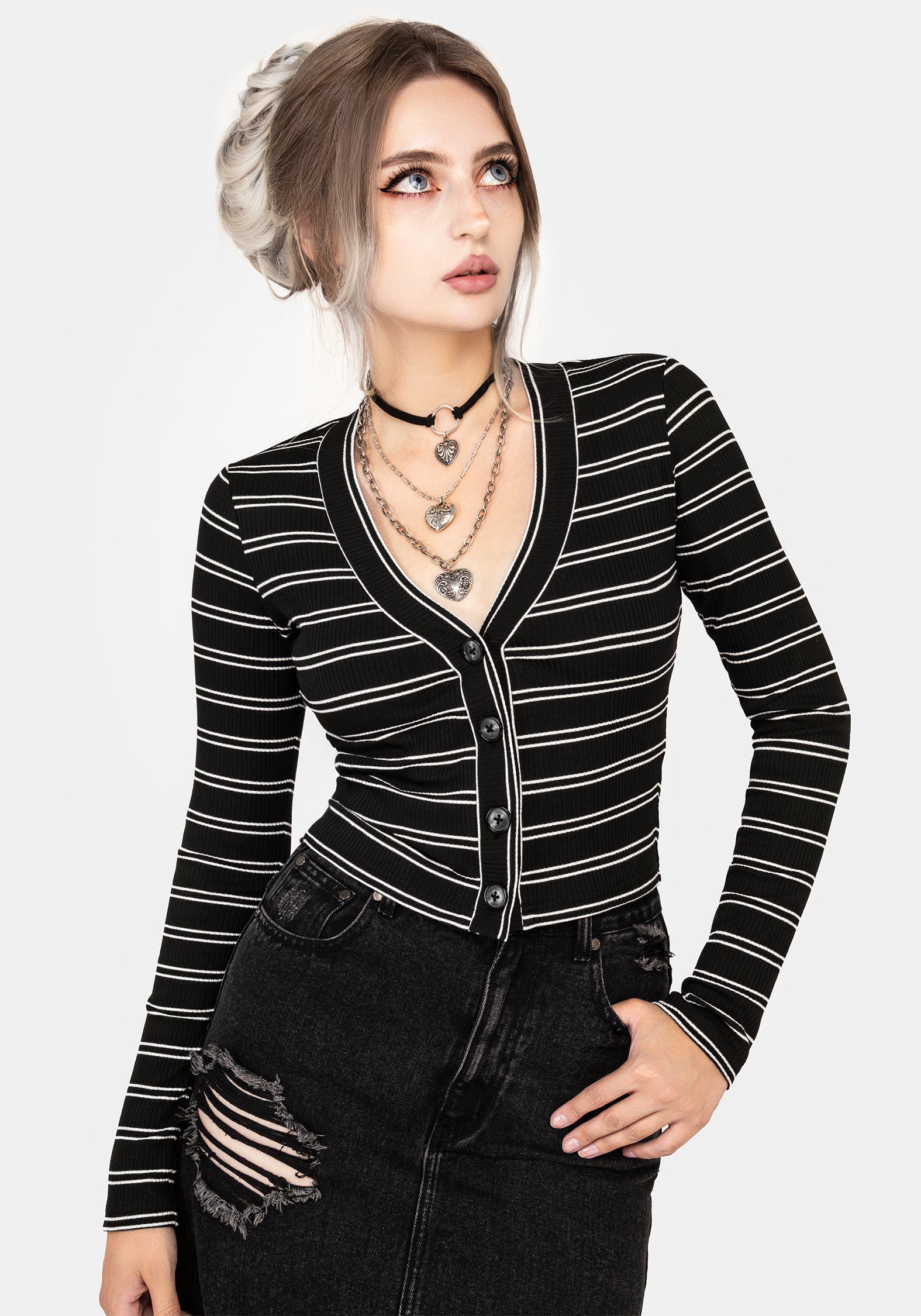 Striped Cropped Cardigan with V-Neck & Button Closure | Slash
