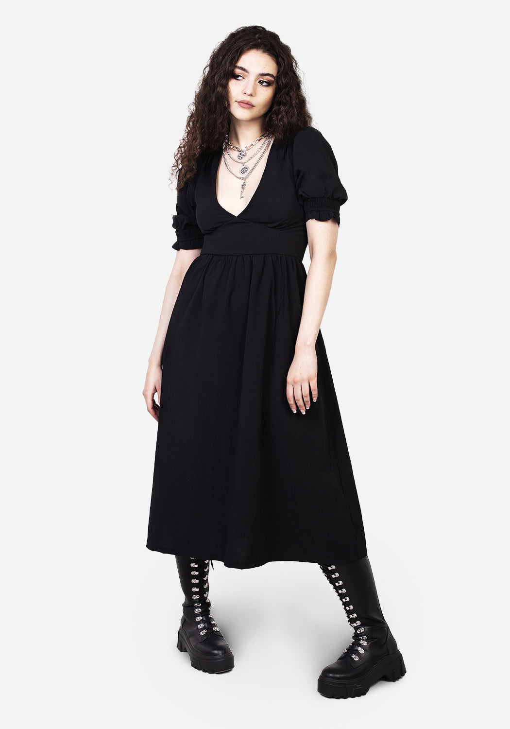 Black Textured Midi Dress with Cut-Out Back | DIVINATION